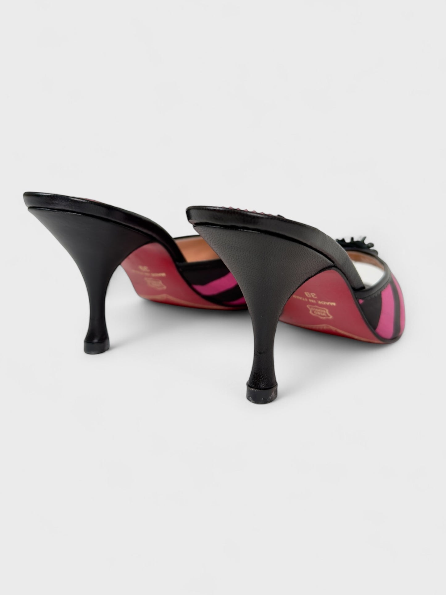 Blumarine SS 2001 Fuchsia Zebra Print Heeled Mules - Relova Archiva
