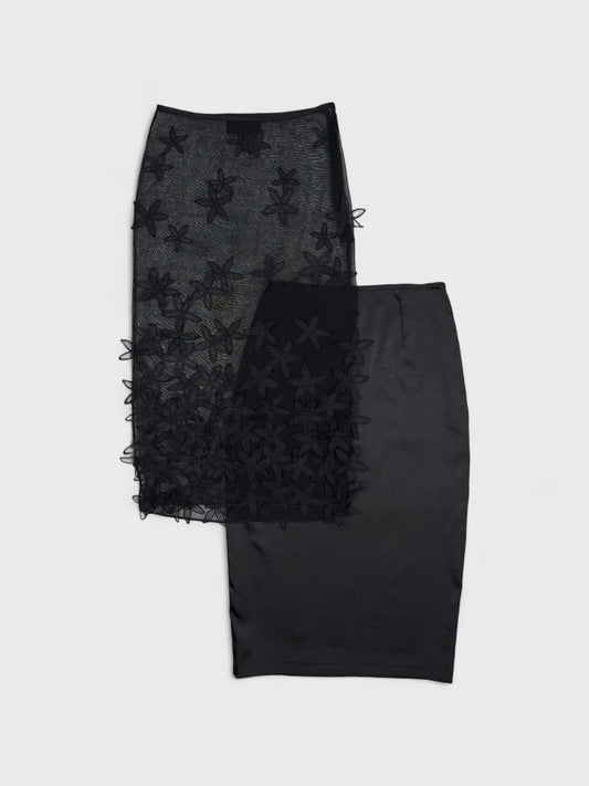 D&G by Dolce&Gabbana 1998-1999 Black Double Mesh Skirt Floral 3D Appliques - Relova Archiva