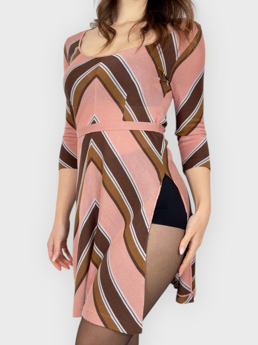 D&G by Dolce & Gabbana SS 1997 geometric knit long top mini dress with waist tie and deep side slits.