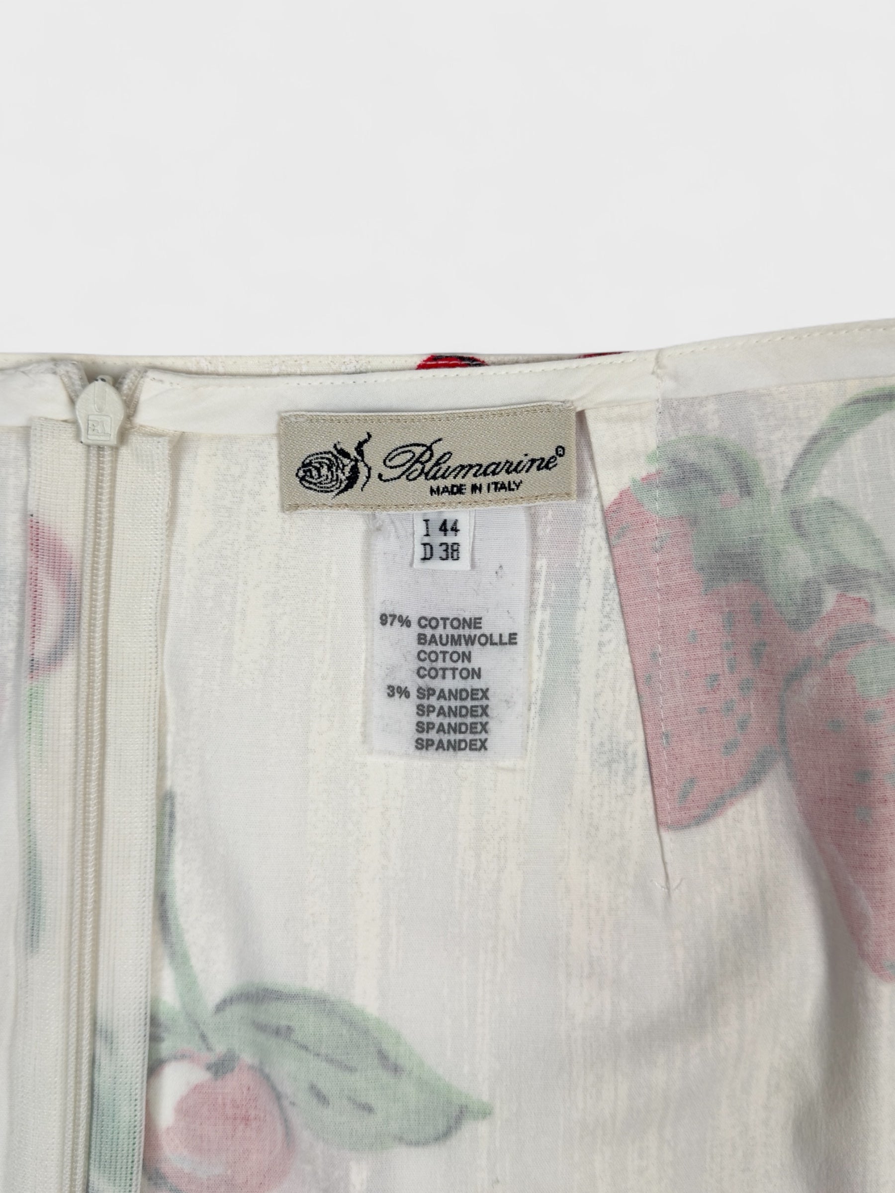 Blumarine early 2000s strawberry and cherry print skirt with sequin embellishment.