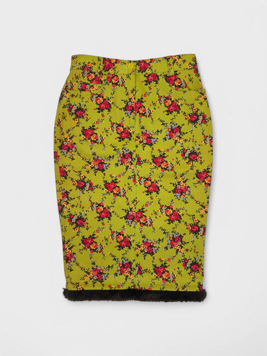 D&G by Dolce&Gabbana FW 1999 Floral Print Faux Fur Midi Skirt - Relova Archiva