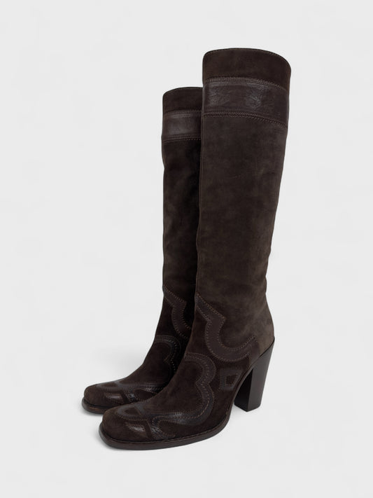 Miu Miu 2000s 2010s Brown Suede Camperos Texan Boots - Relova Archiva
