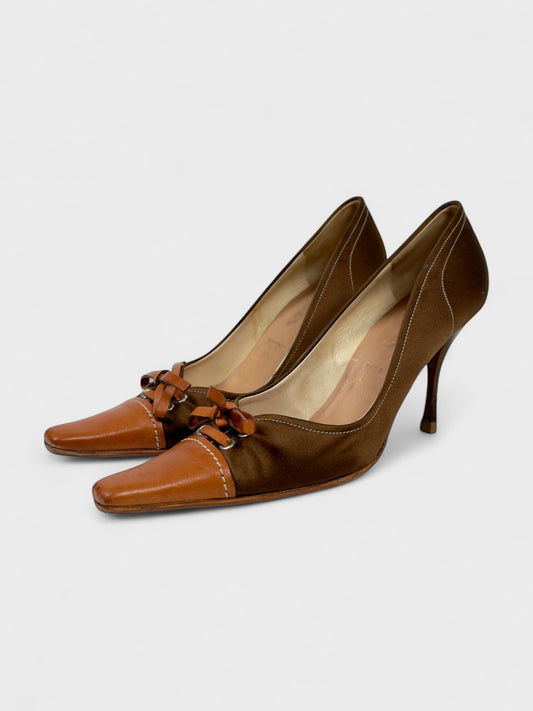 Prada 2000s Brown Satin Leather Bow Decolleté Heels - Relova Archiva