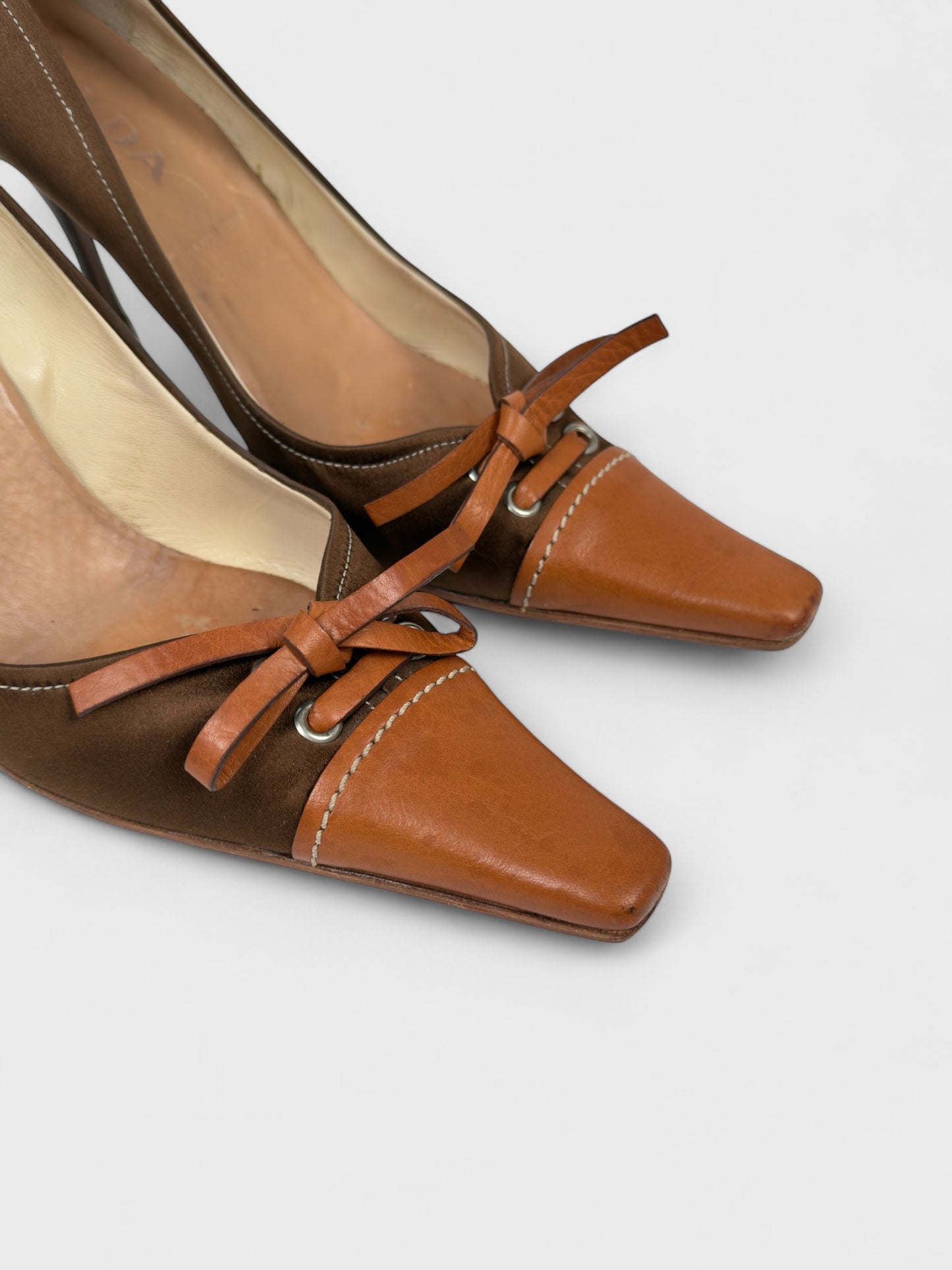 Prada 2000s Brown Satin Leather Bow Decolleté Heels - Relova Archiva