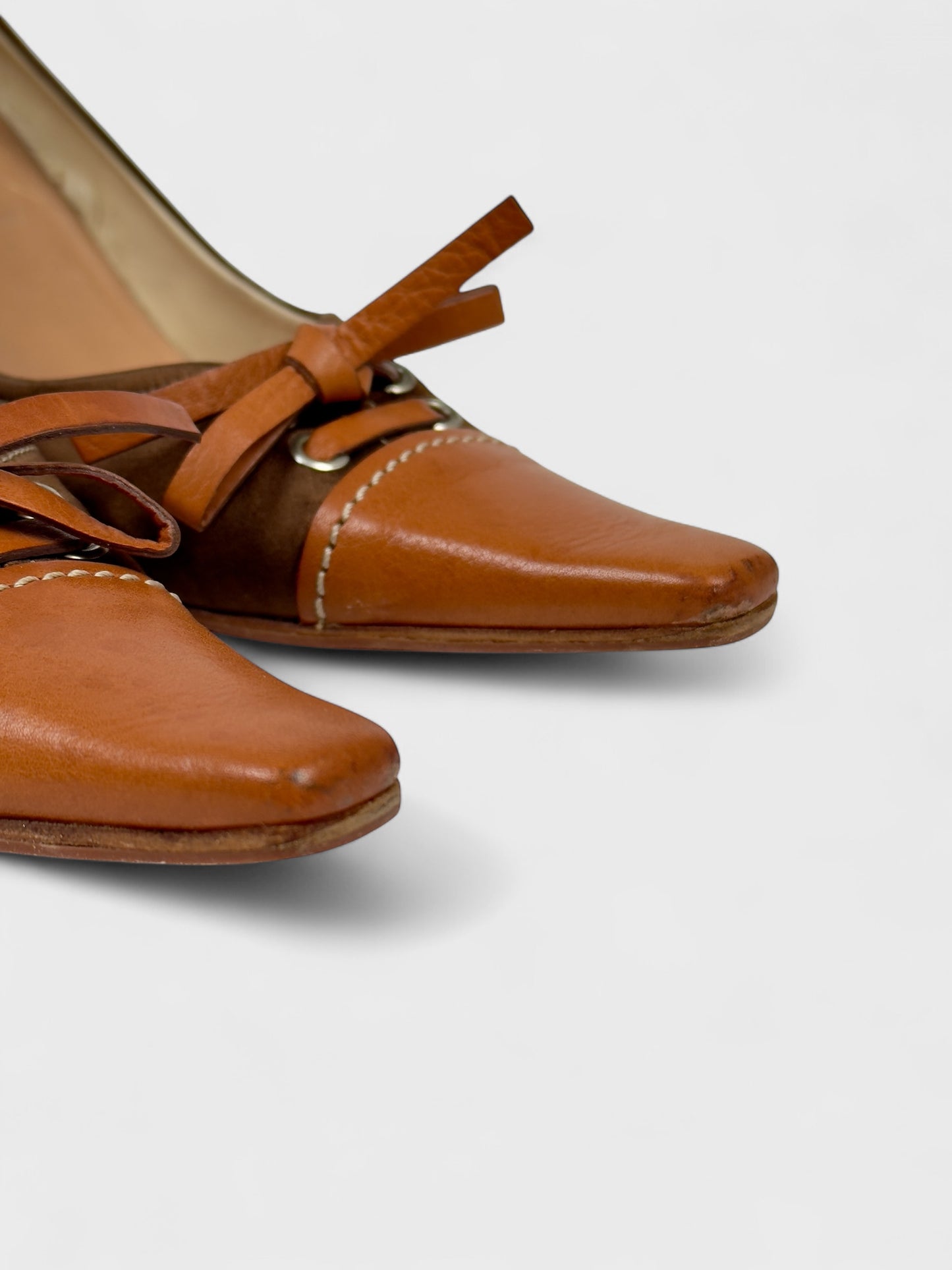 Prada 2000s Brown Satin Leather Bow Decolleté Heels - Relova Archiva