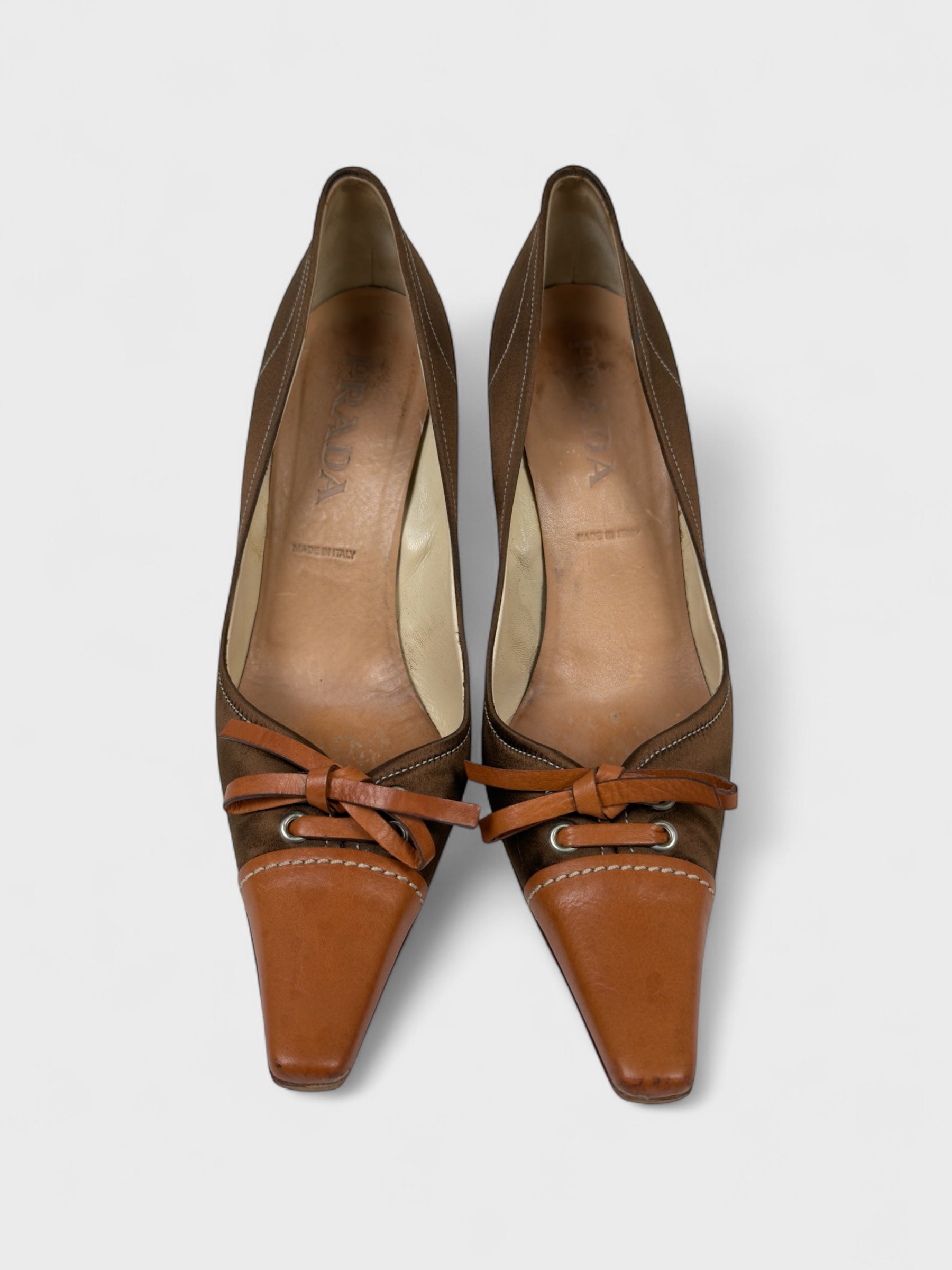 Prada 2000s Brown Satin Leather Bow Decolleté Heels - Relova Archiva