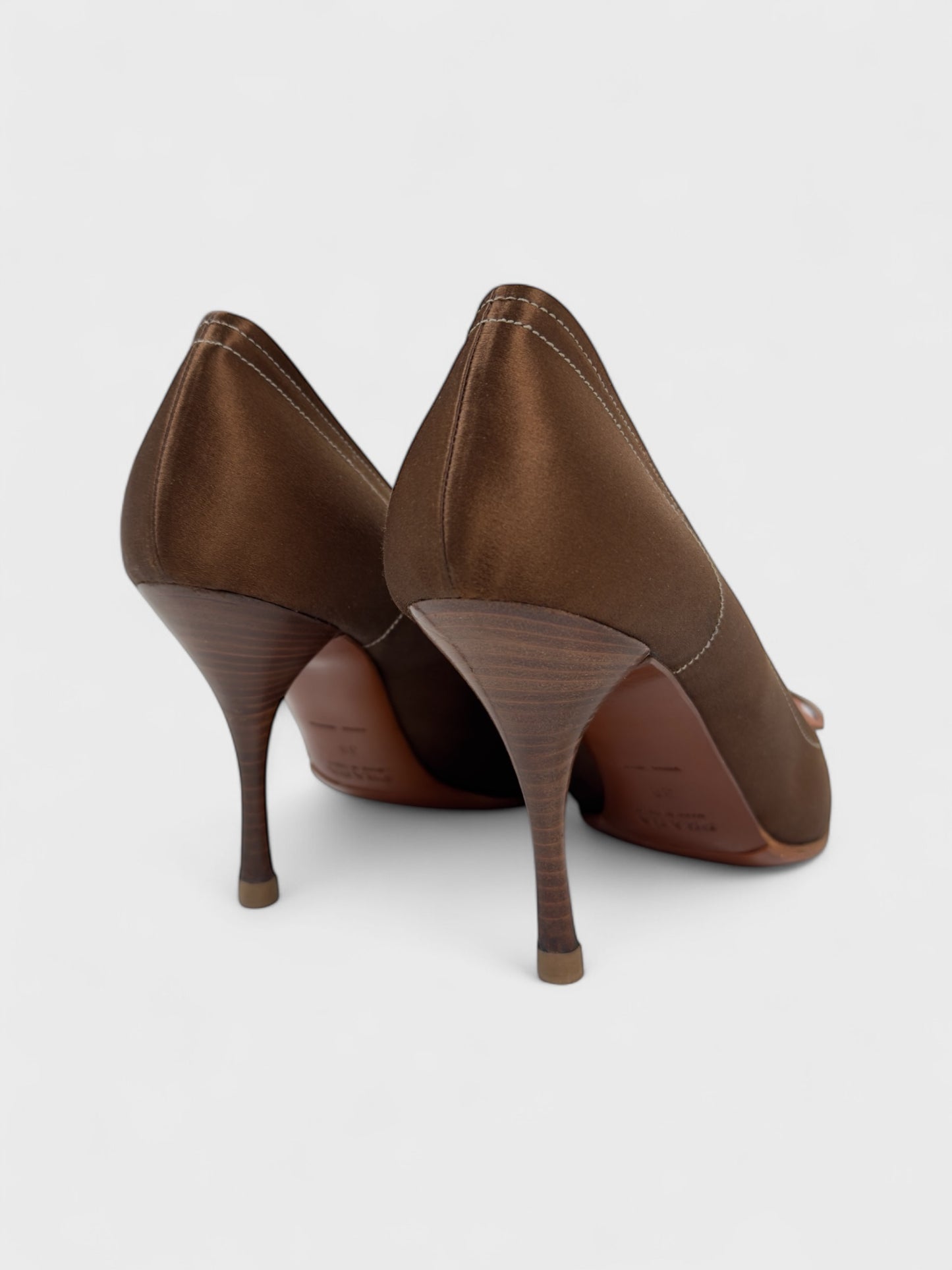 Prada 2000s Brown Satin Leather Bow Decolleté Heels - Relova Archiva