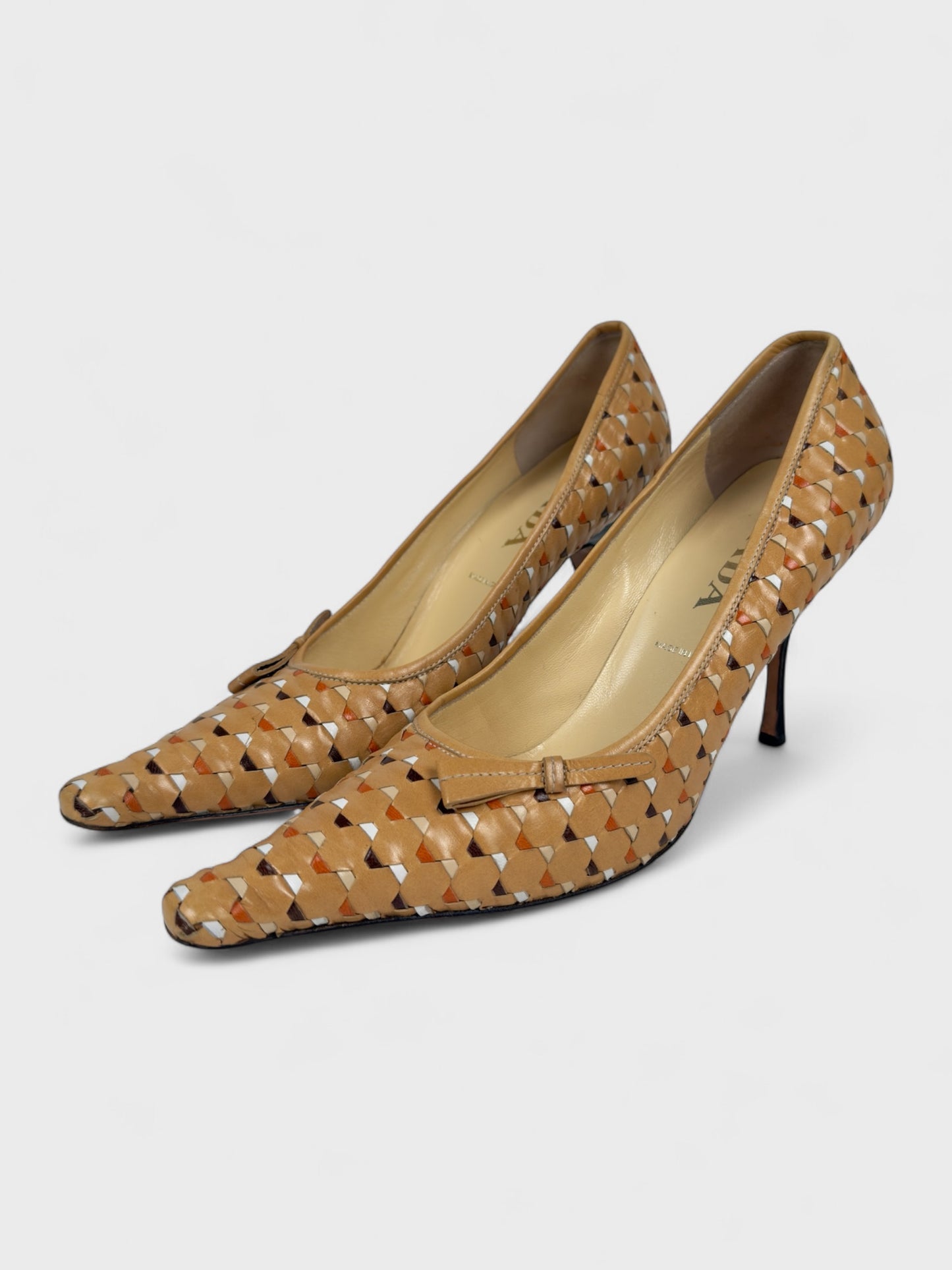 Prada Early 2000s Brown Woven Leather Pointed Toe Heels - Relova Archiva