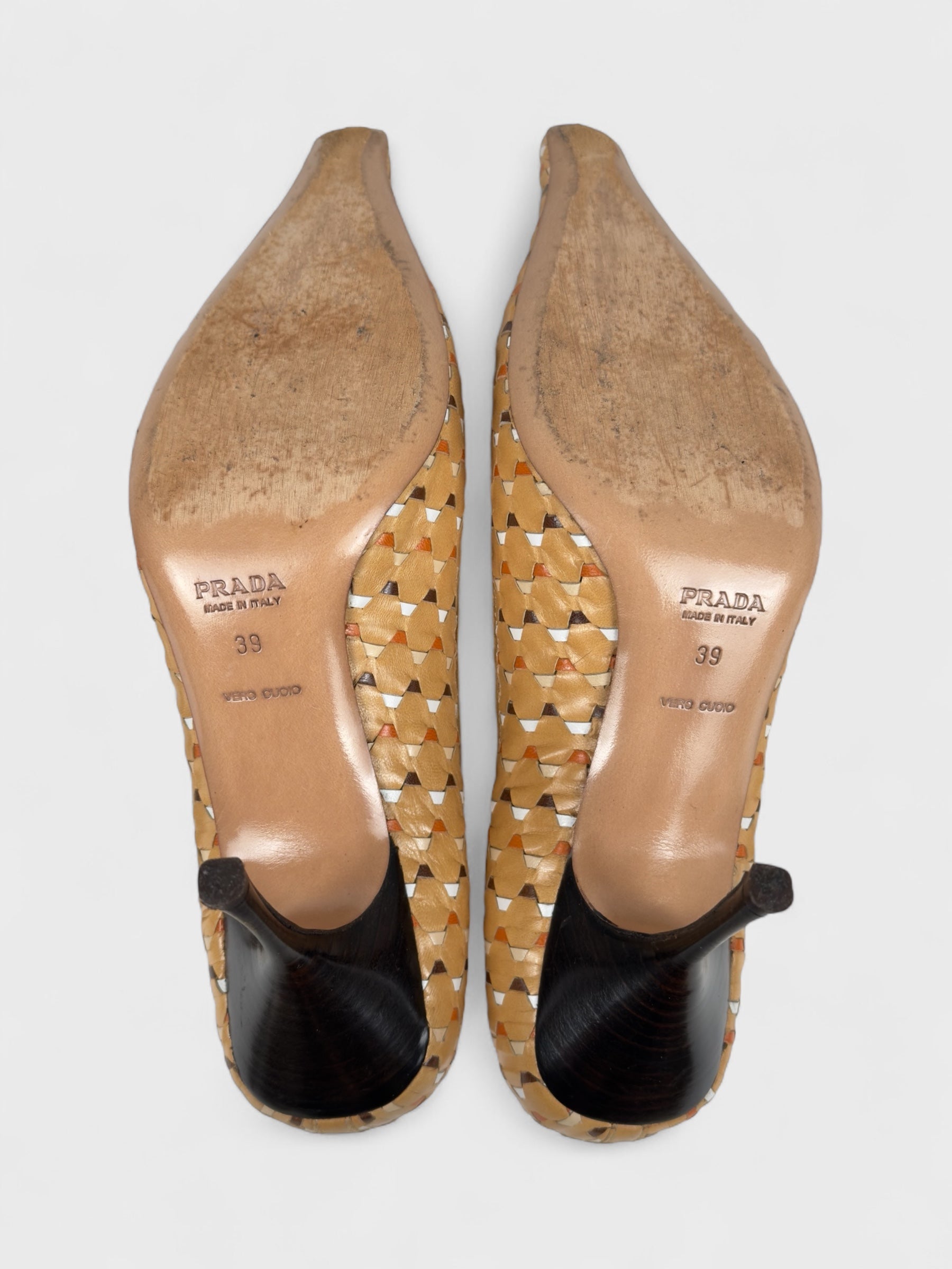 Prada Early 2000s Brown Woven Leather Pointed Toe Heels - Relova Archiva