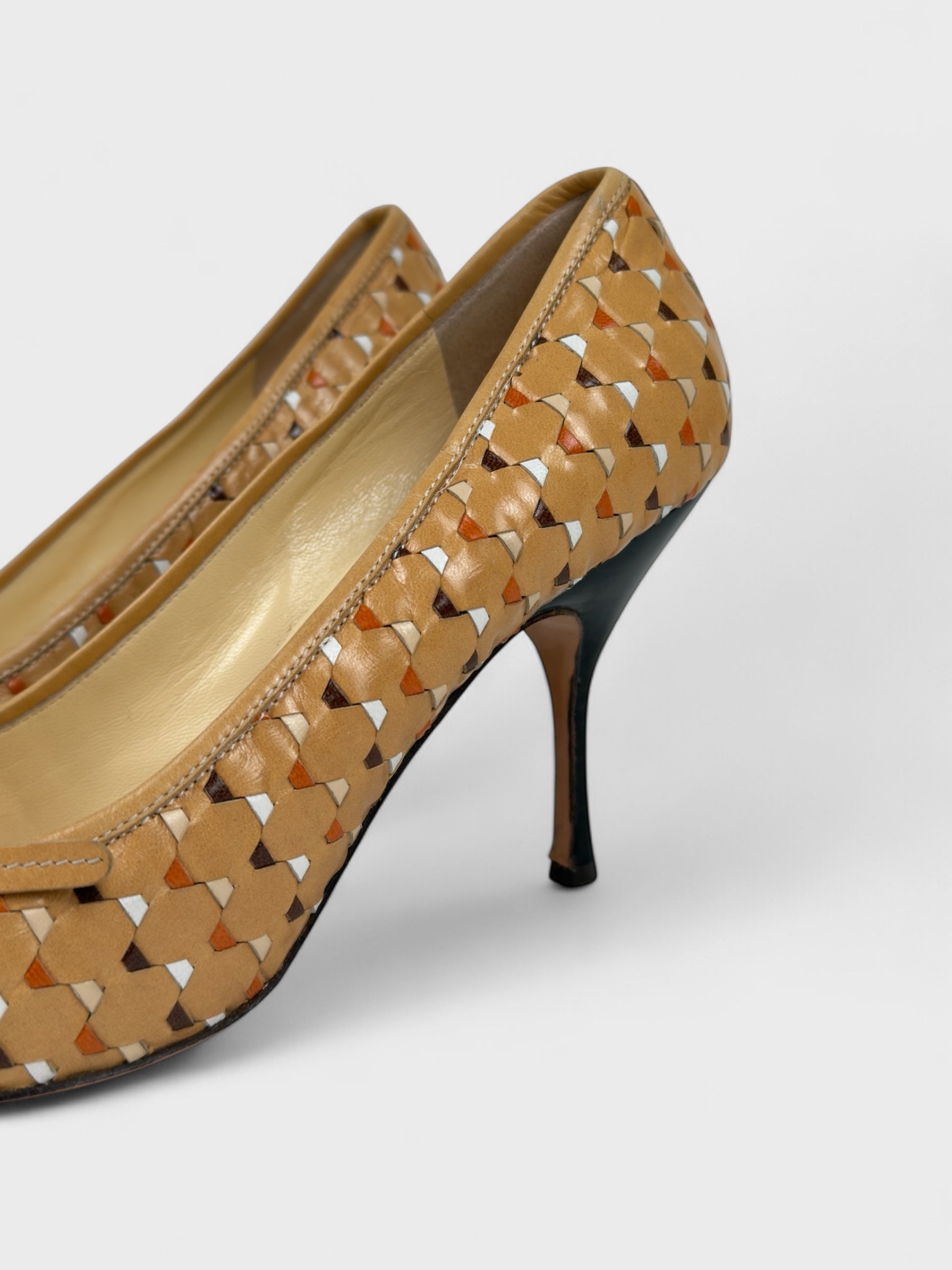 Prada Early 2000s Brown Woven Leather Pointed Toe Heels - Relova Archiva