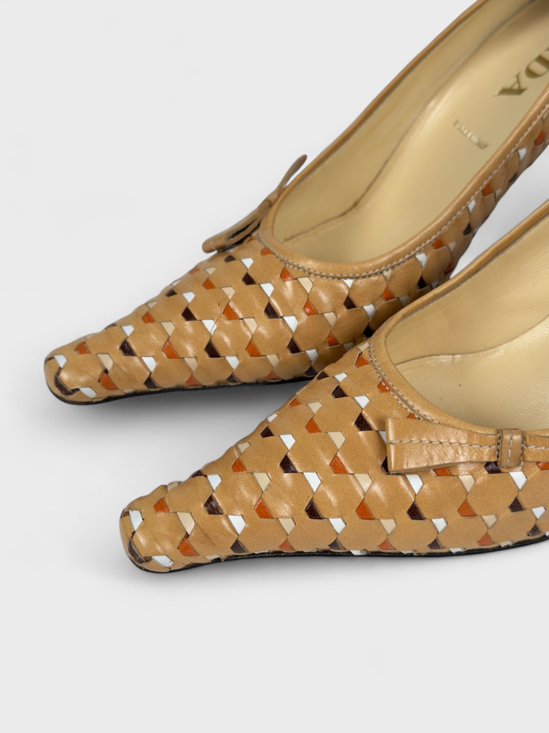 Prada Early 2000s Brown Woven Leather Pointed Toe Heels - Relova Archiva
