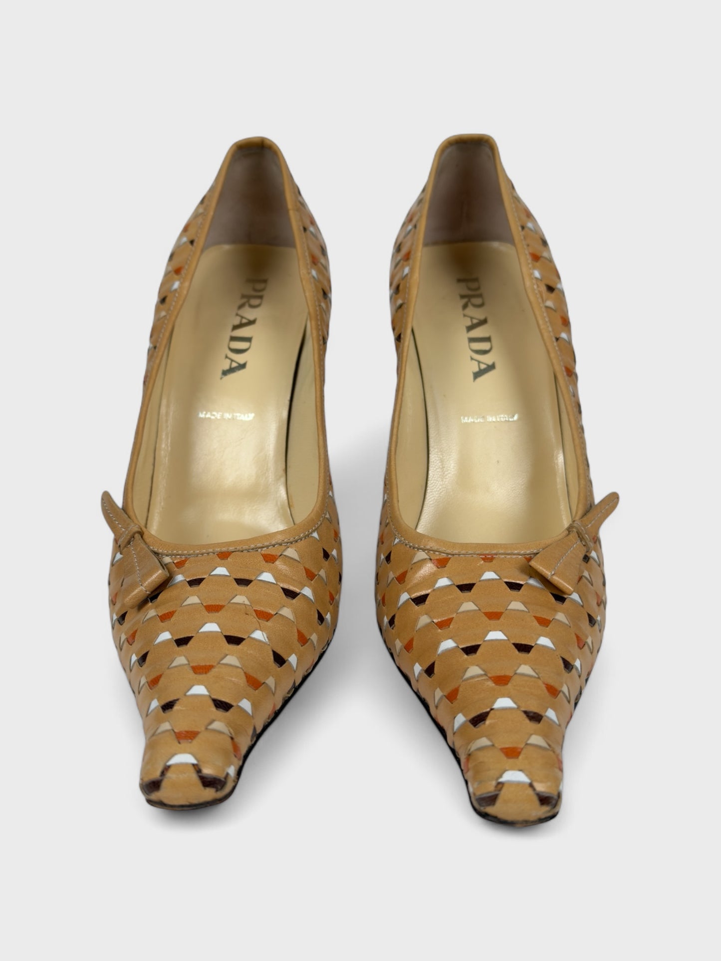 Prada Early 2000s Brown Woven Leather Pointed Toe Heels - Relova Archiva