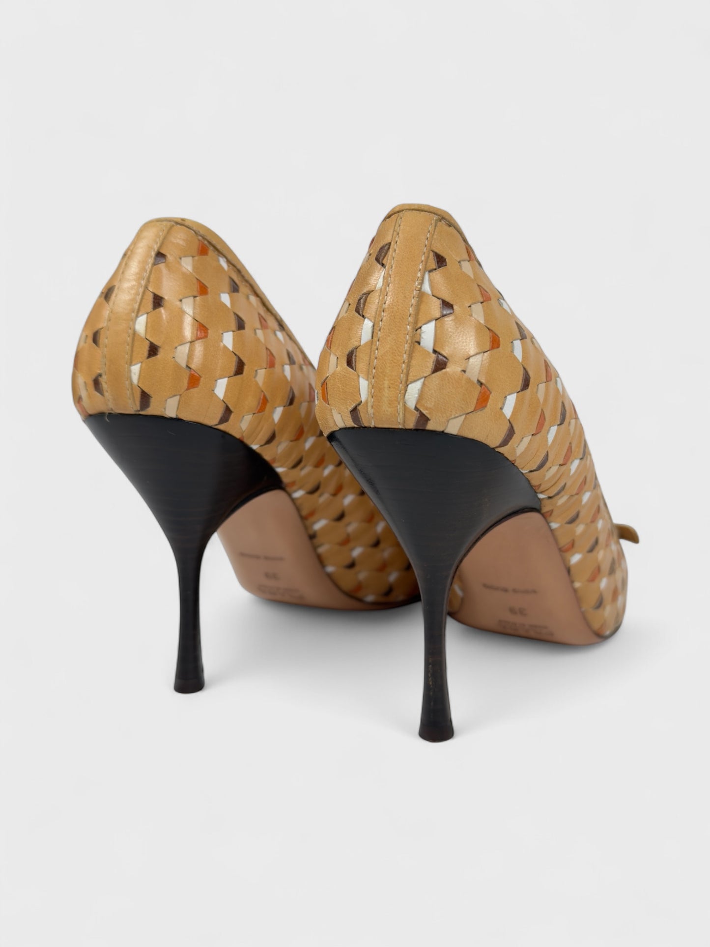 Prada Early 2000s Brown Woven Leather Pointed Toe Heels - Relova Archiva