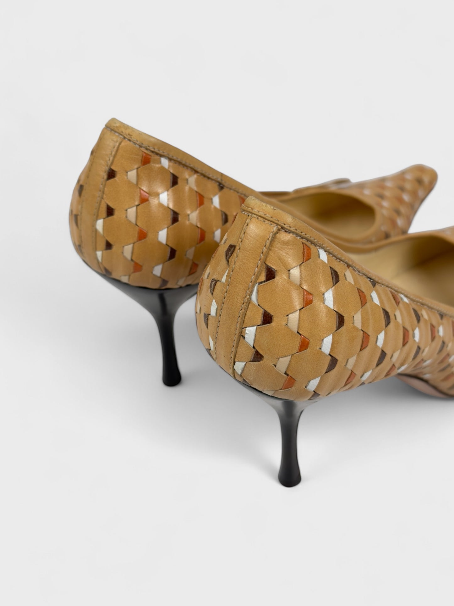 Prada Early 2000s Brown Woven Leather Pointed Toe Heels - Relova Archiva