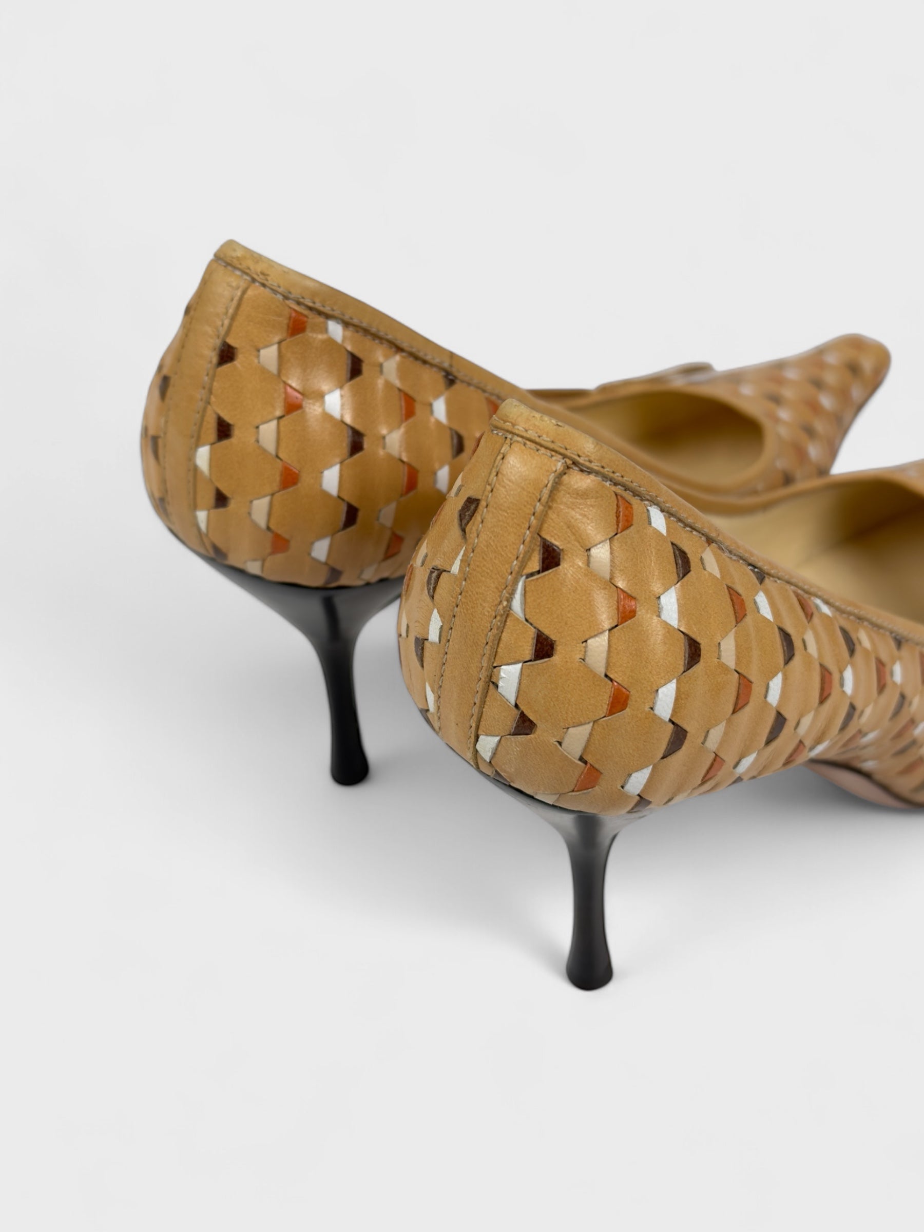 Prada Early 2000s Brown Woven Leather Pointed Toe Heels - Relova Archiva