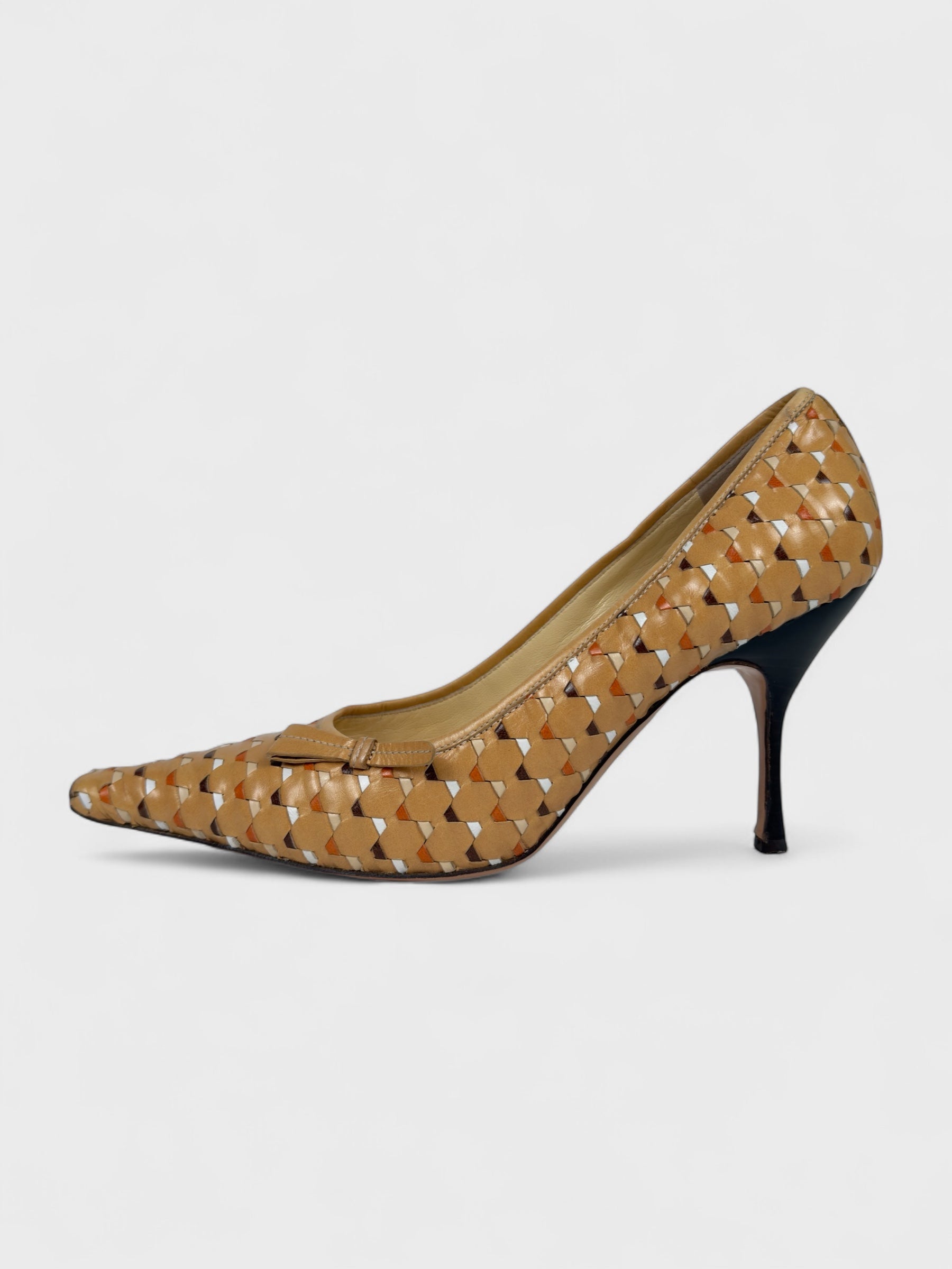 Prada Early 2000s Brown Woven Leather Pointed Toe Heels - Relova Archiva