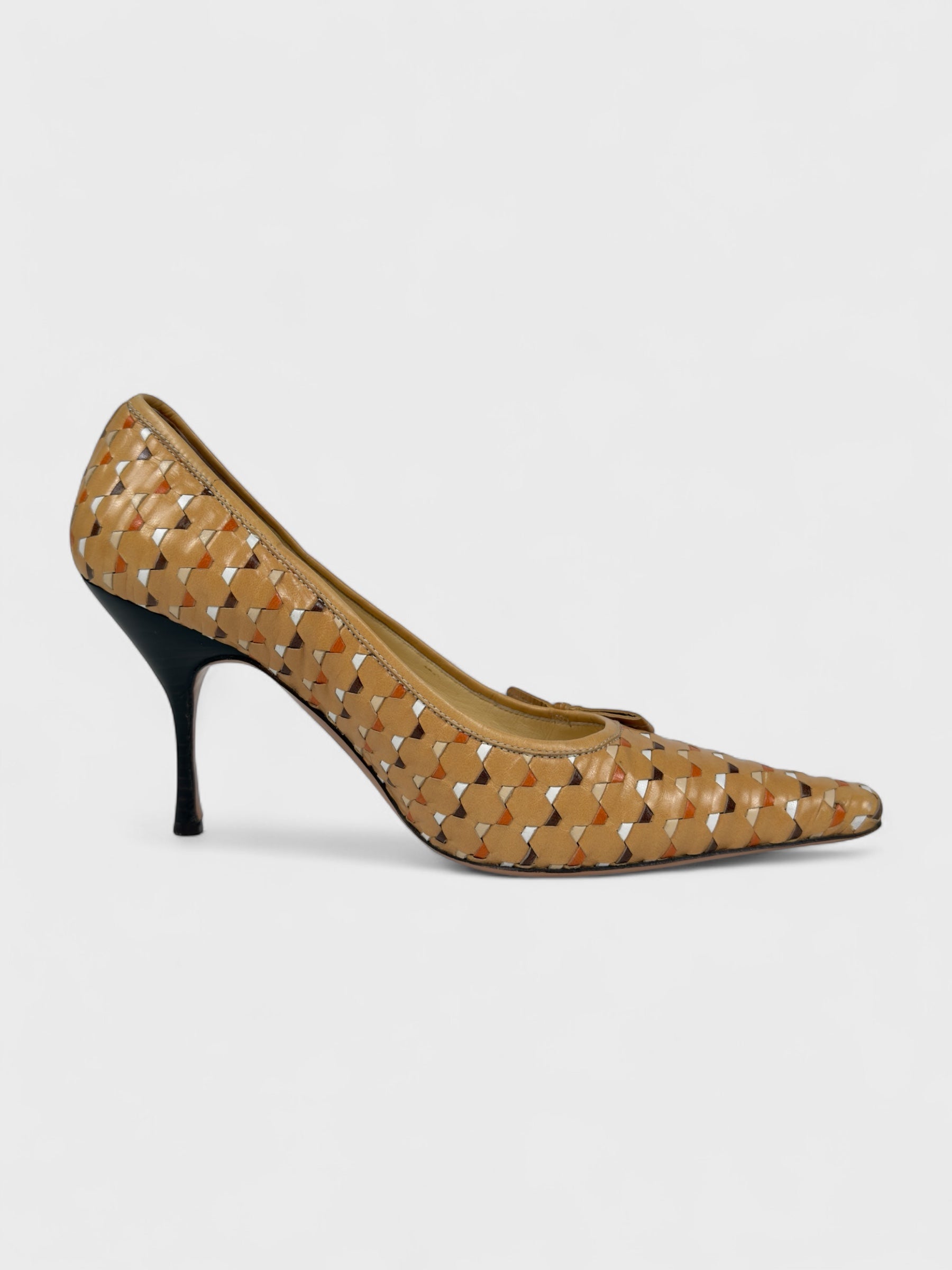 Prada Early 2000s Brown Woven Leather Pointed Toe Heels - Relova Archiva