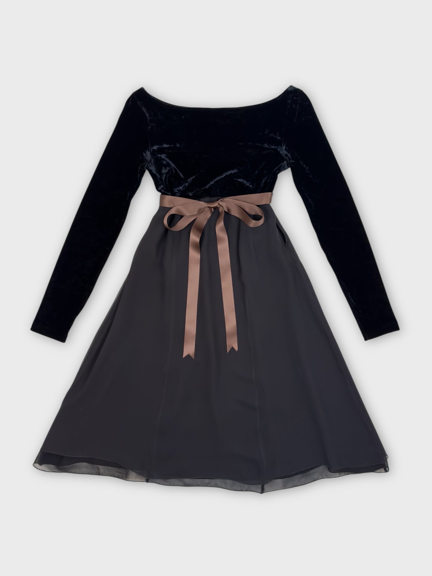 Vintage early 1990s Anna Molinari for Blumarine mini dress with velvet-effect bodice and sheer layered skirt.