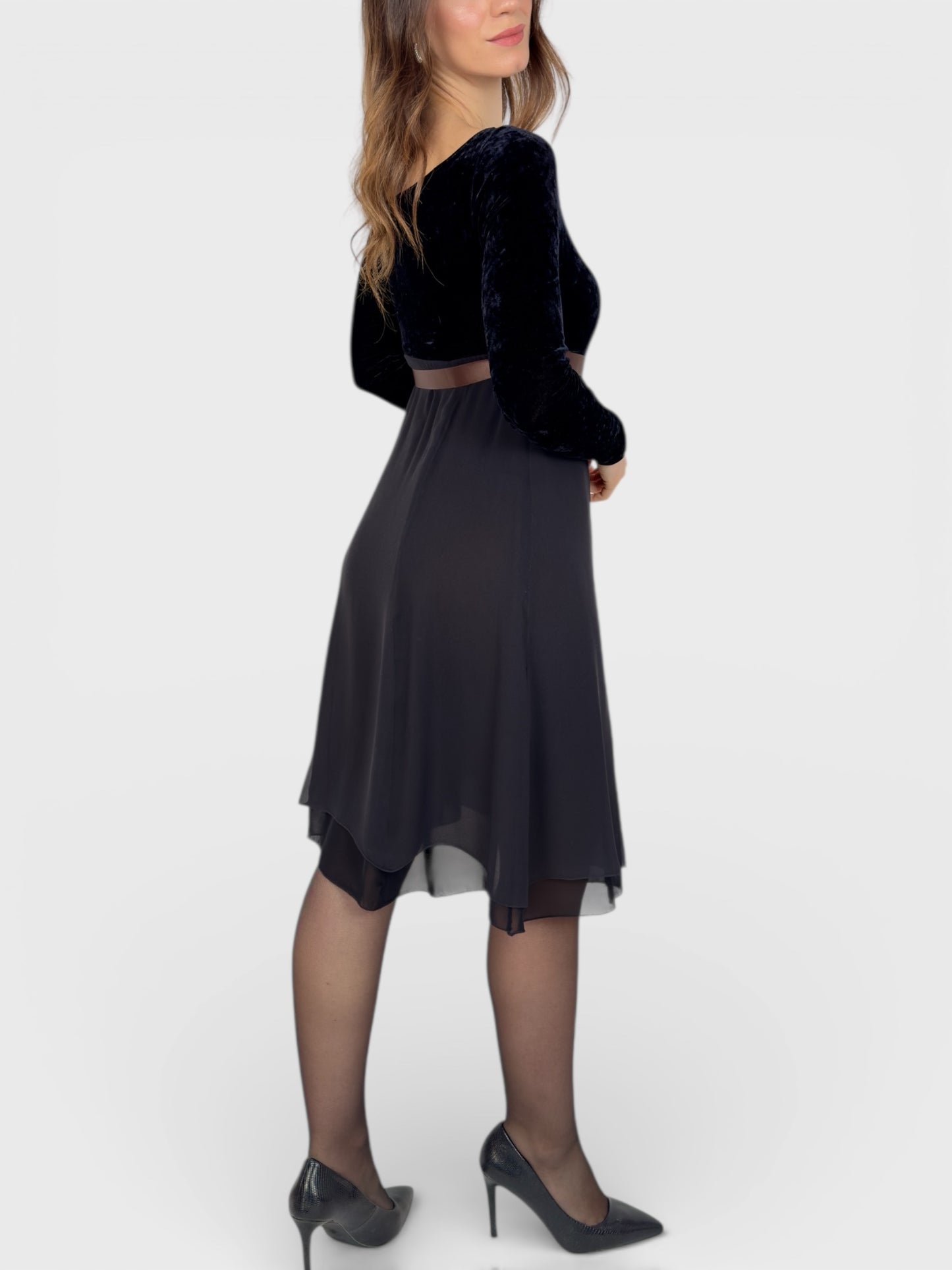 Vintage early 1990s Anna Molinari for Blumarine mini dress with velvet-effect bodice and sheer layered skirt.