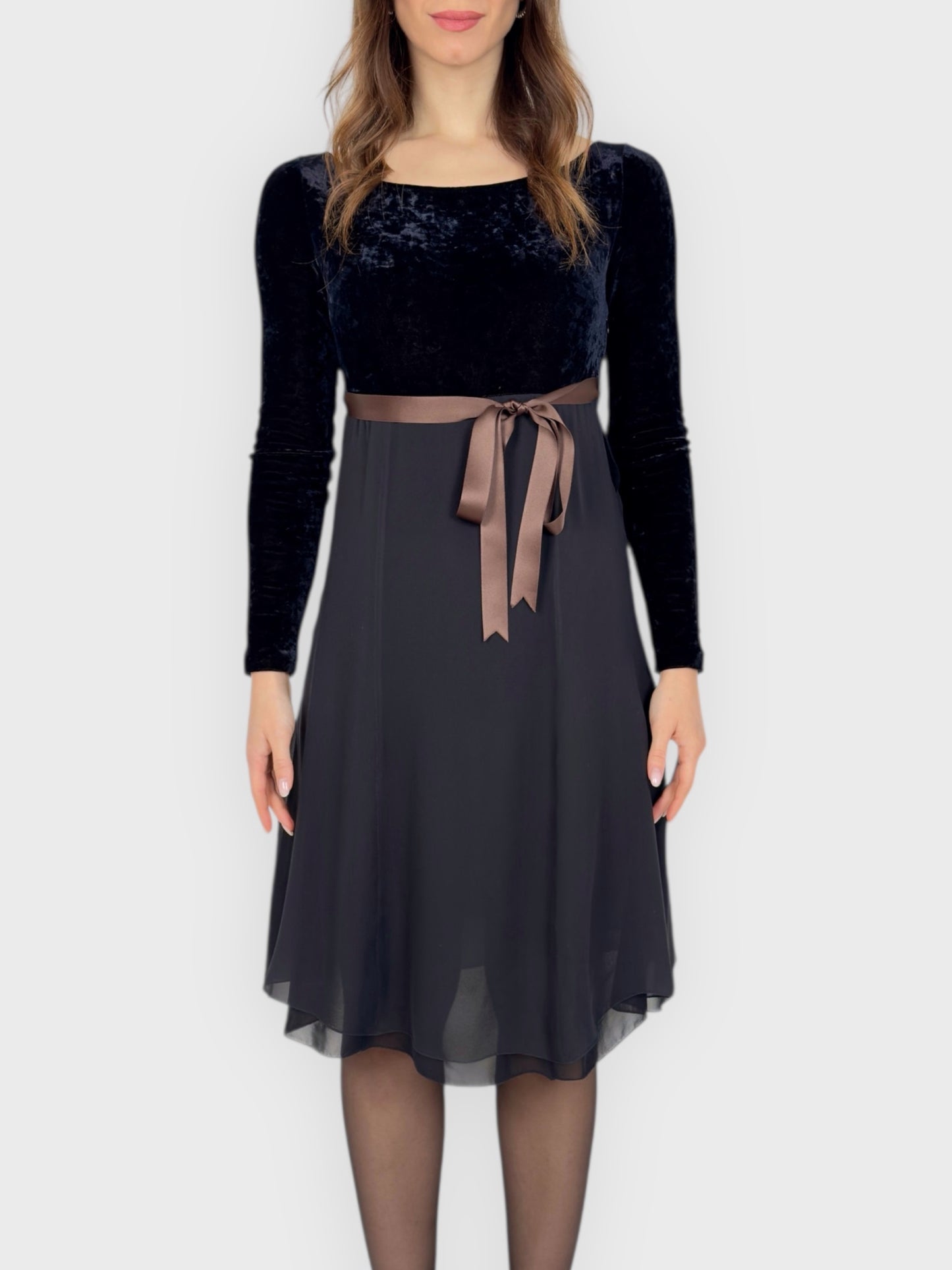 Vintage early 1990s Anna Molinari for Blumarine mini dress with velvet-effect bodice and sheer layered skirt.