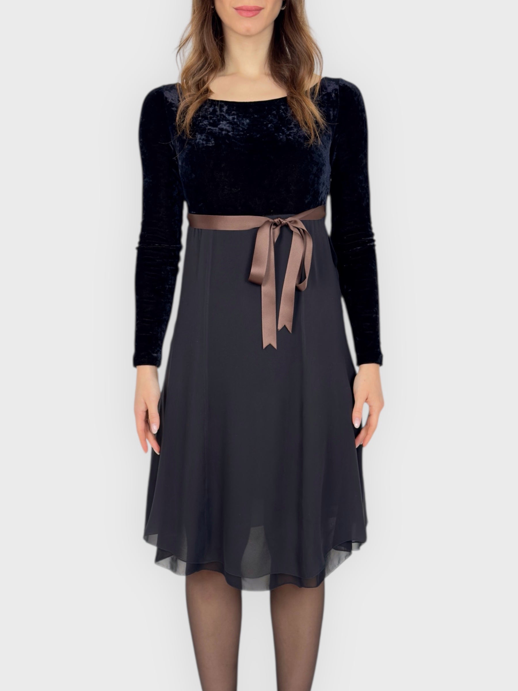 Vintage early 1990s Anna Molinari for Blumarine mini dress with velvet-effect bodice and sheer layered skirt.