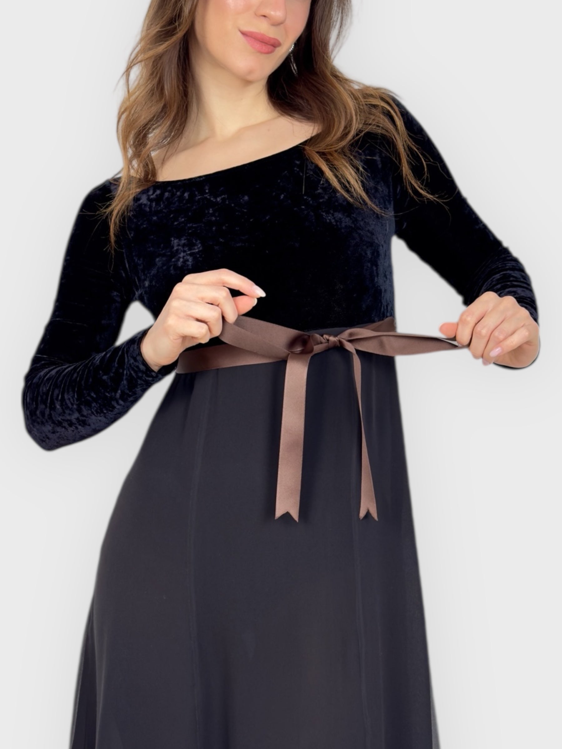 Vintage early 1990s Anna Molinari for Blumarine mini dress with velvet-effect bodice and sheer layered skirt.