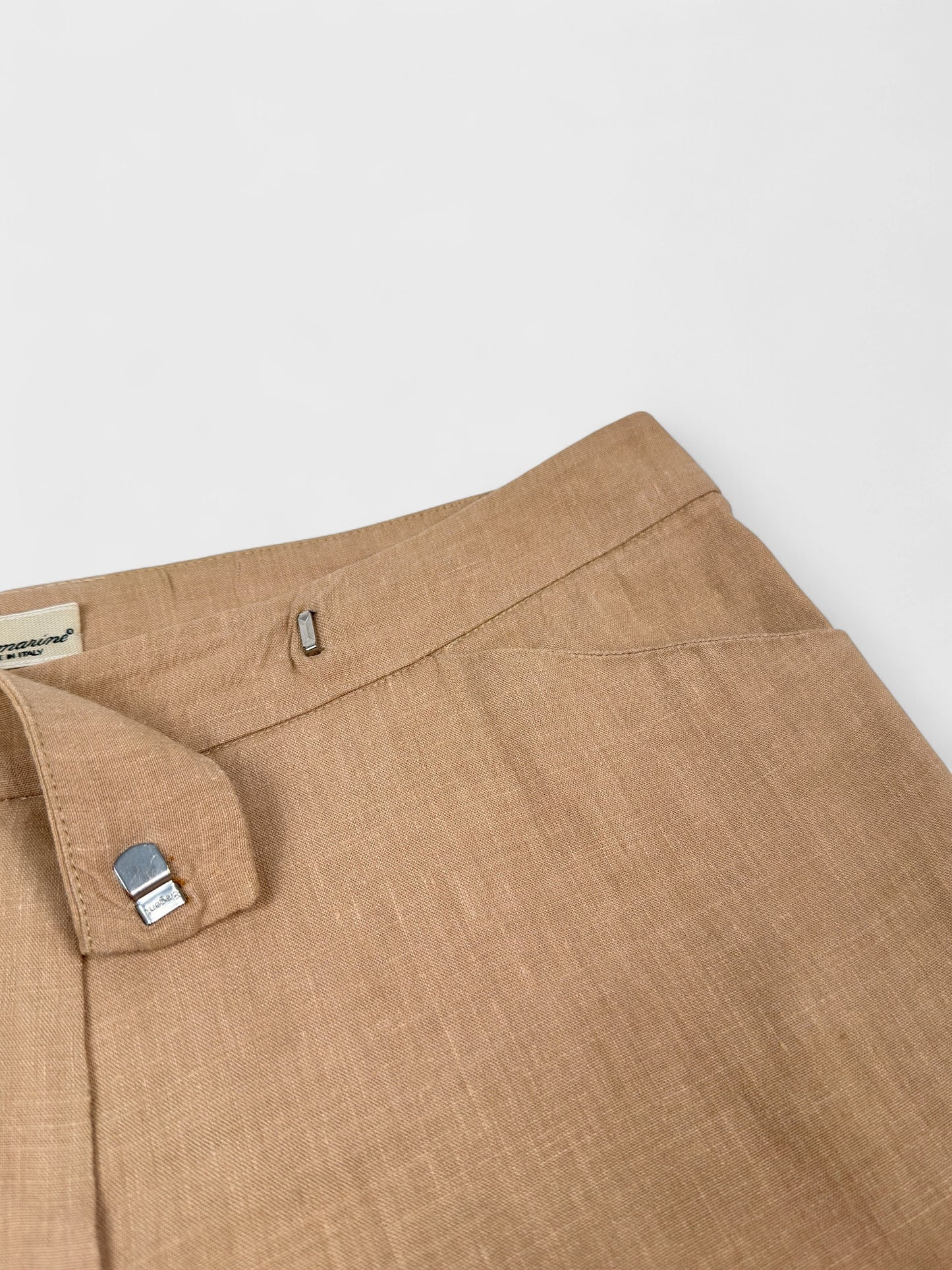 Blumarine 2000s linen capri trousers with beaded hem and floral appliqués.