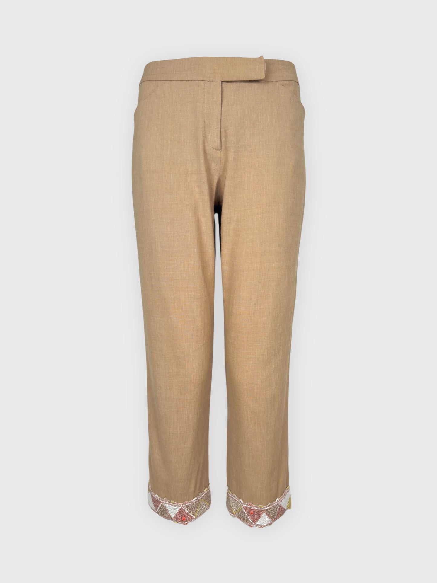 Blumarine 2000s linen capri trousers with beaded hem and floral appliqués.