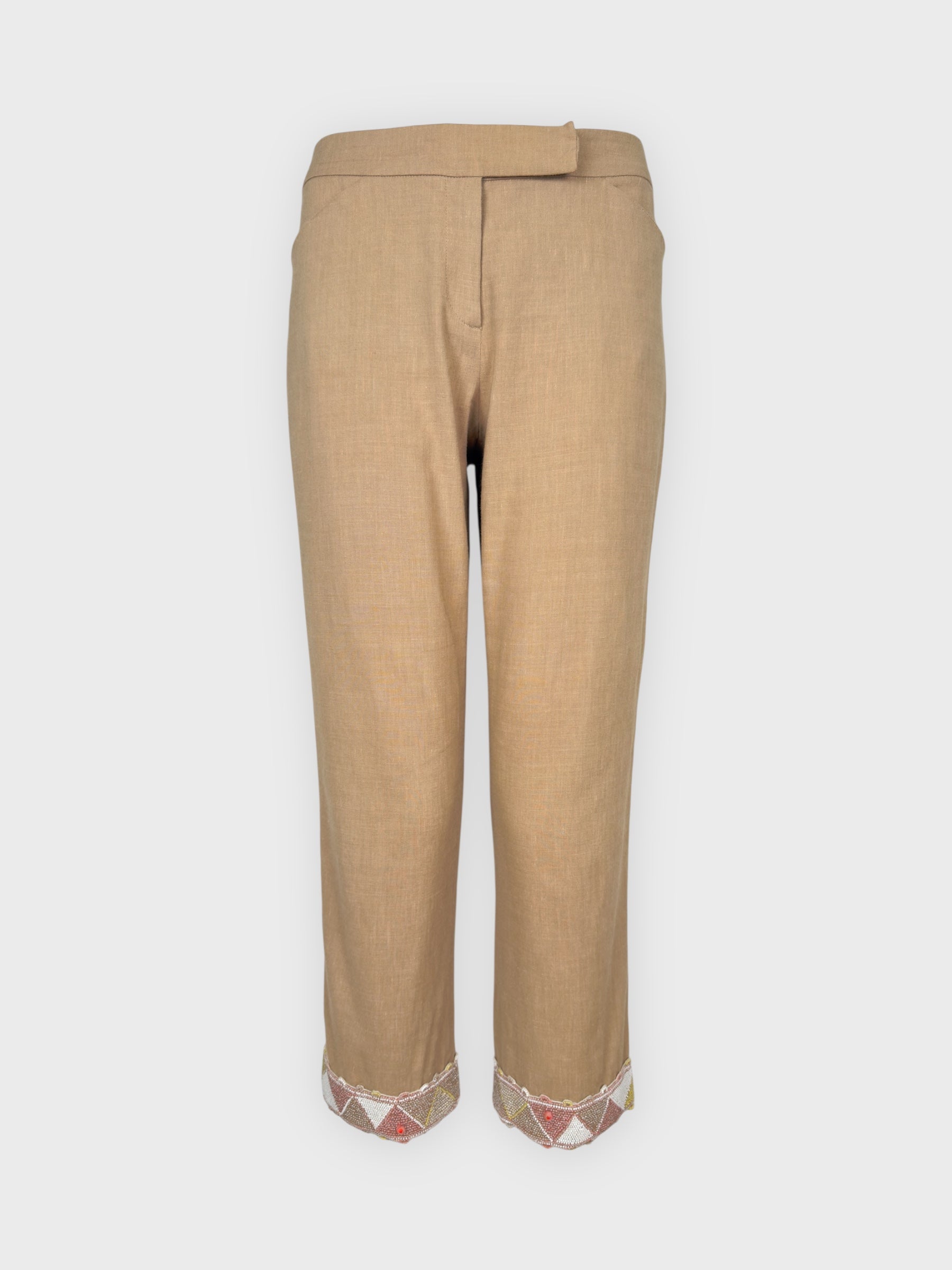 Blumarine 2000s linen capri trousers with beaded hem and floral appliqués.