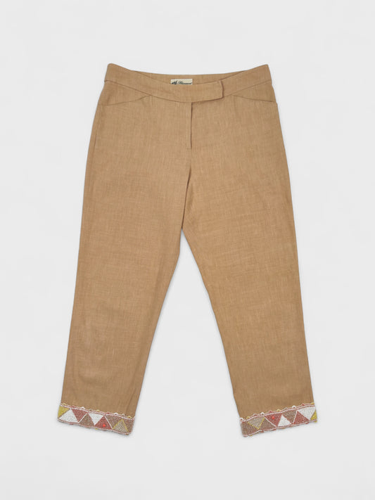 Blumarine 2000s linen capri trousers with beaded hem and floral appliqués.