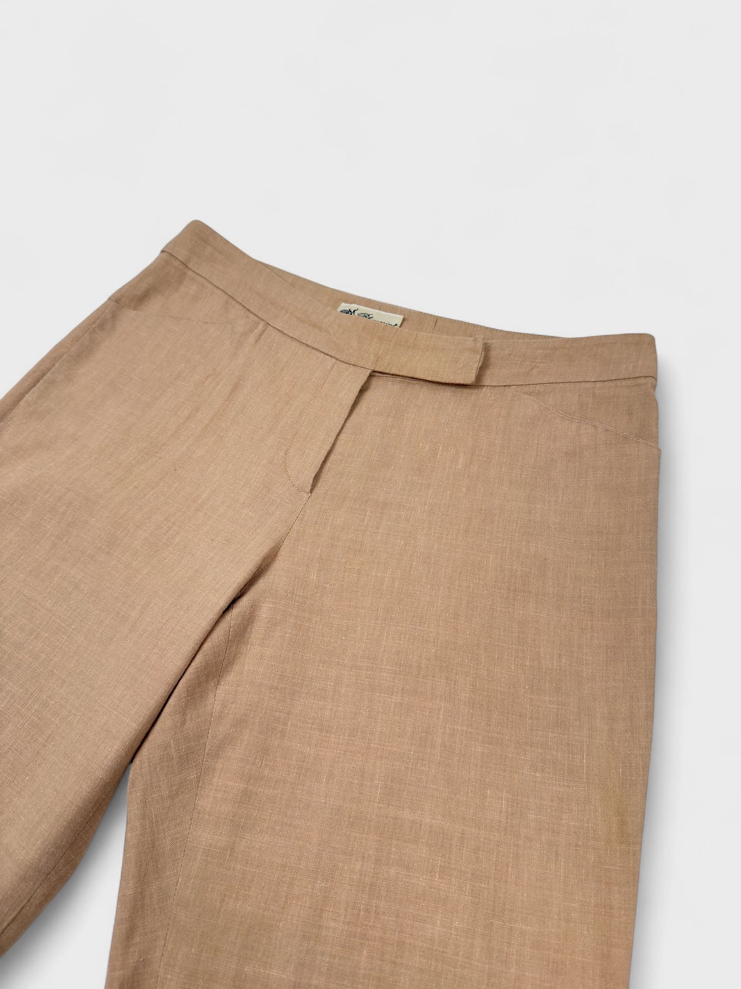 Blumarine 2000s linen capri trousers with beaded hem and floral appliqués.