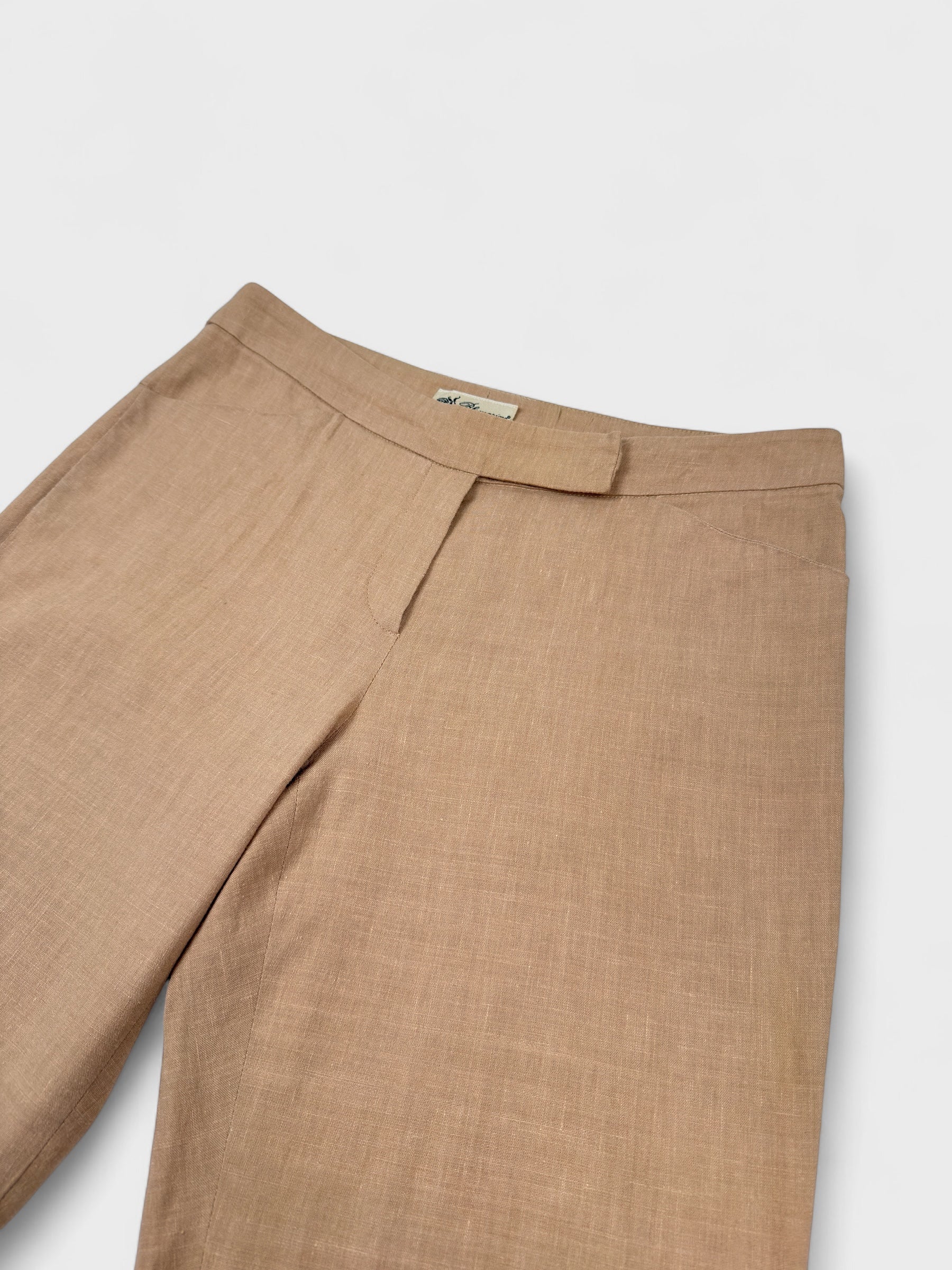 Blumarine 2000s linen capri trousers with beaded hem and floral appliqués.