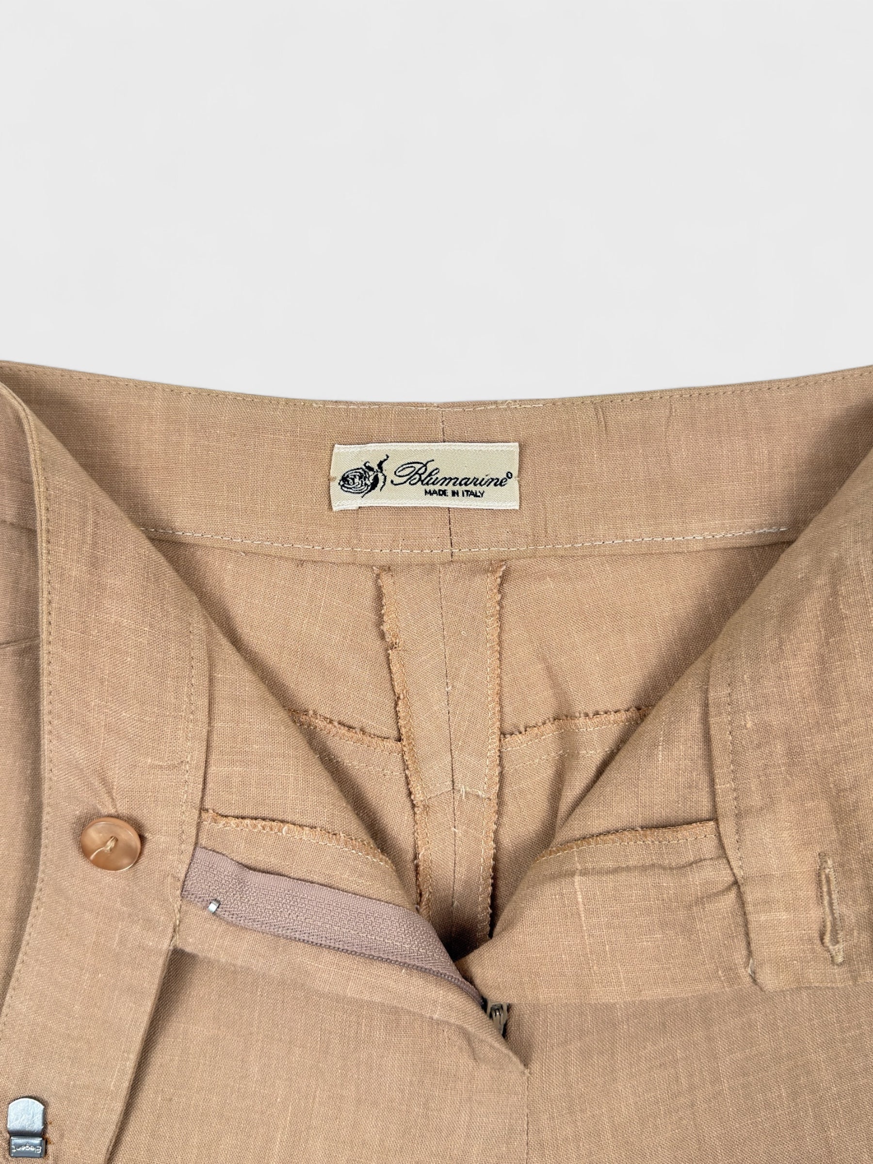 Blumarine 2000s linen capri trousers with beaded hem and floral appliqués.