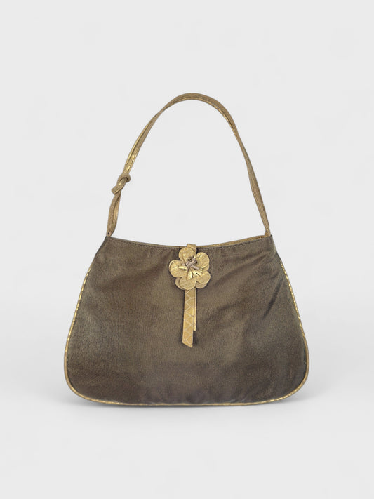 Blumarine 2000s iridescent beige handbag with python-effect leather handle and flower detail.