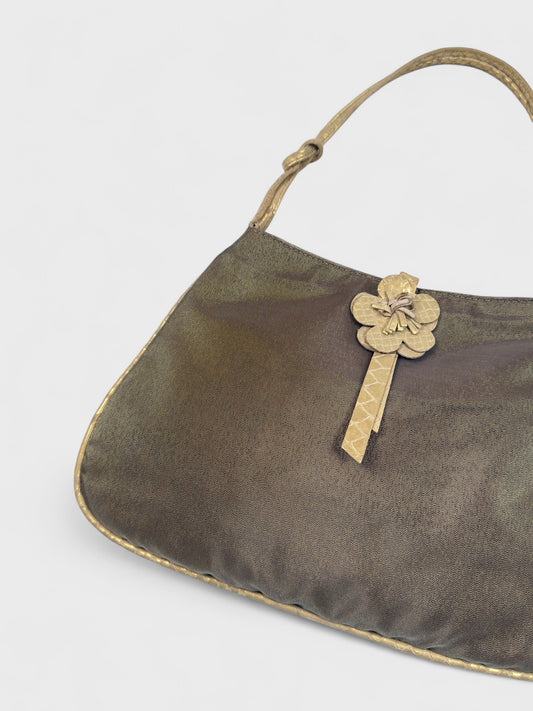 Blumarine 2000s iridescent beige handbag with python-effect leather handle and flower detail.