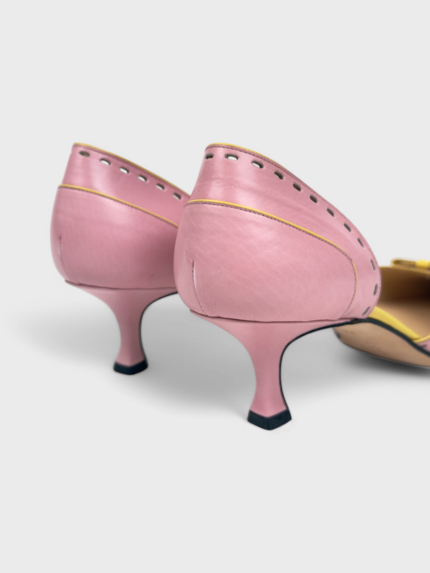 Blumarine mid-2000s pink and yellow leather kitten heel pumps.
