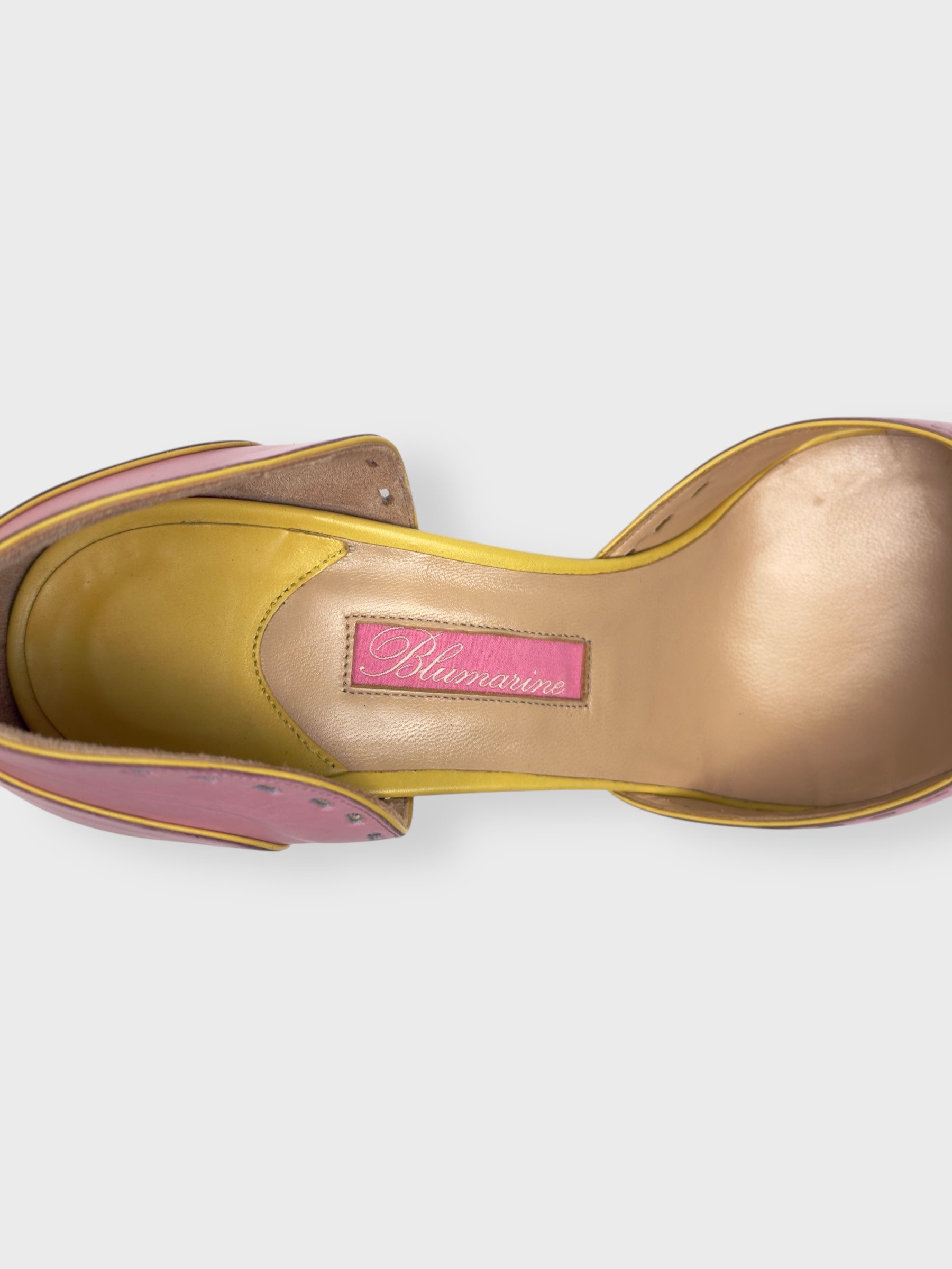 Blumarine mid-2000s pink and yellow leather kitten heel pumps.