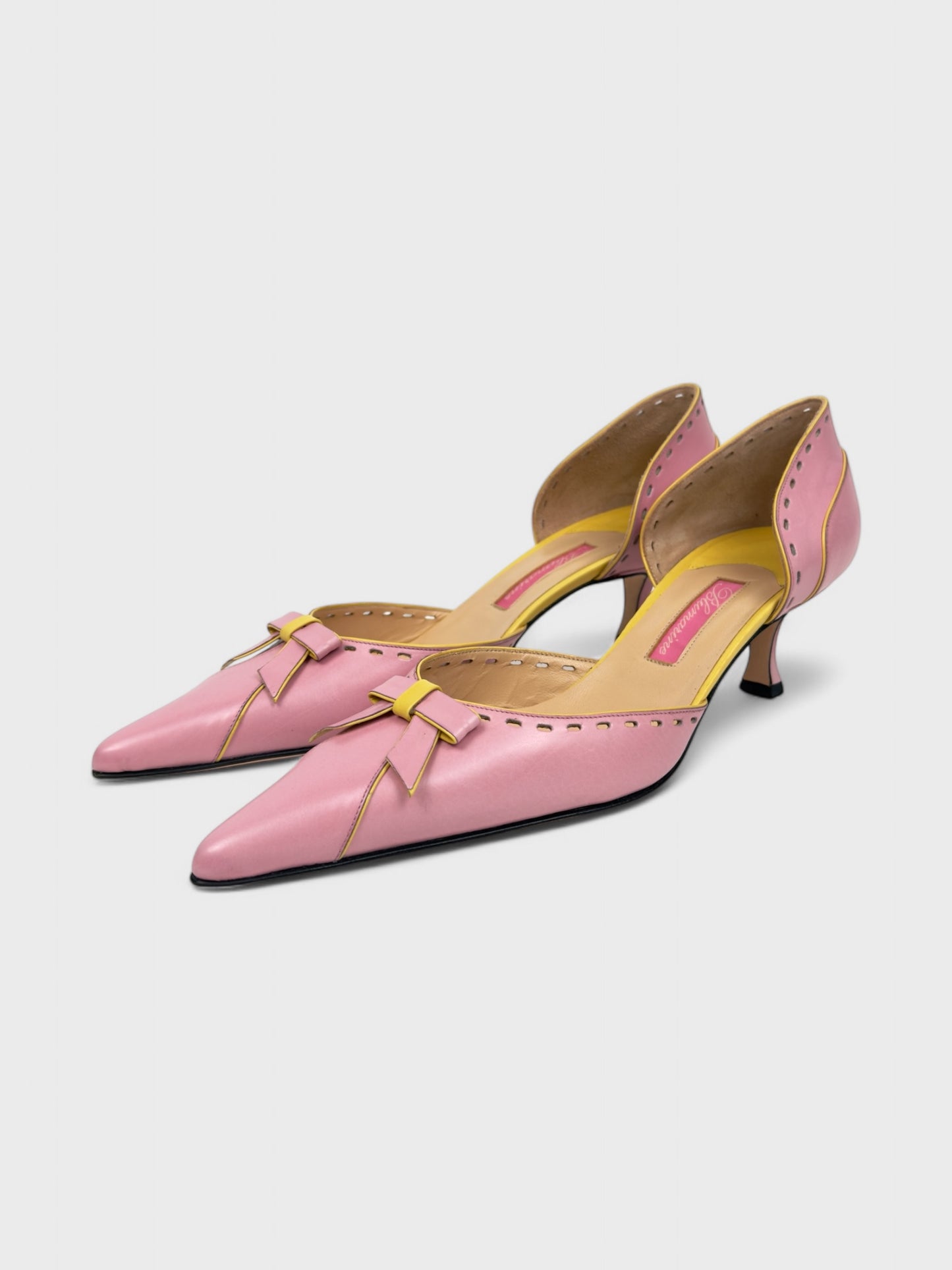 Blumarine mid-2000s pink and yellow leather kitten heel pumps.