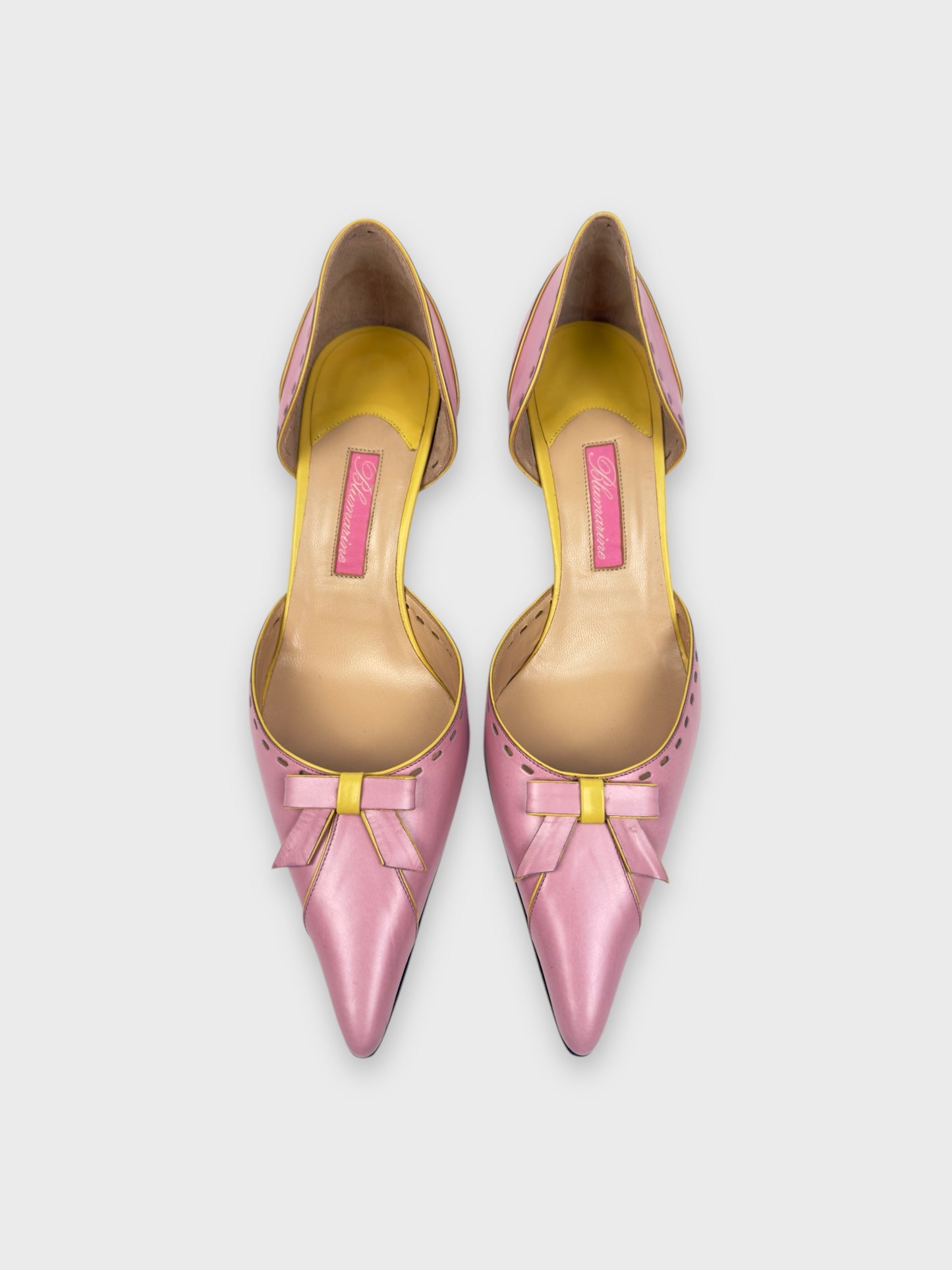 Blumarine mid-2000s pink and yellow leather kitten heel pumps.