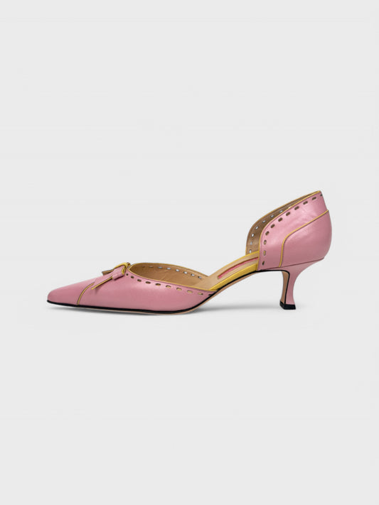Blumarine mid-2000s pink and yellow leather kitten heel pumps.