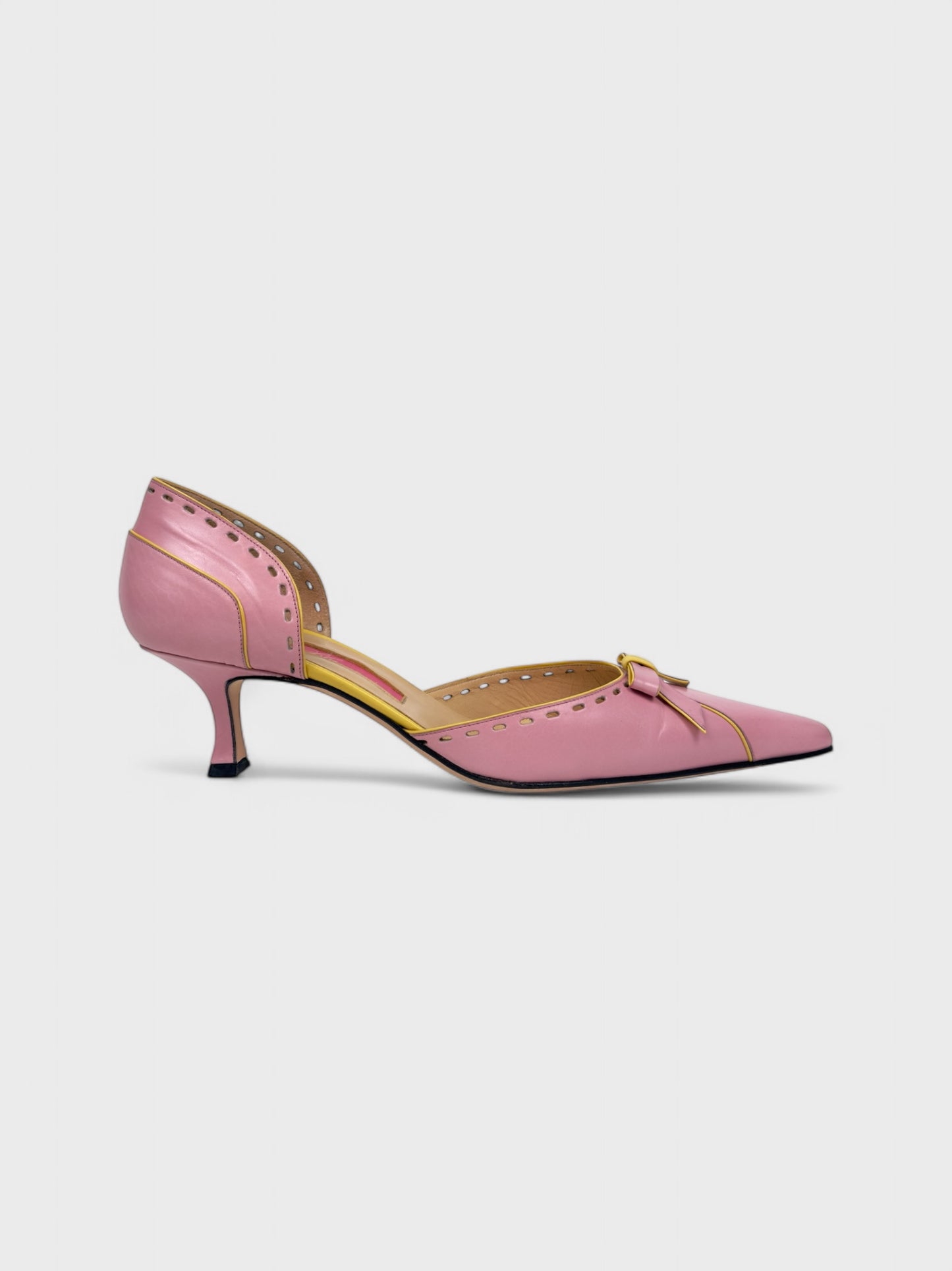Blumarine mid-2000s pink and yellow leather kitten heel pumps.