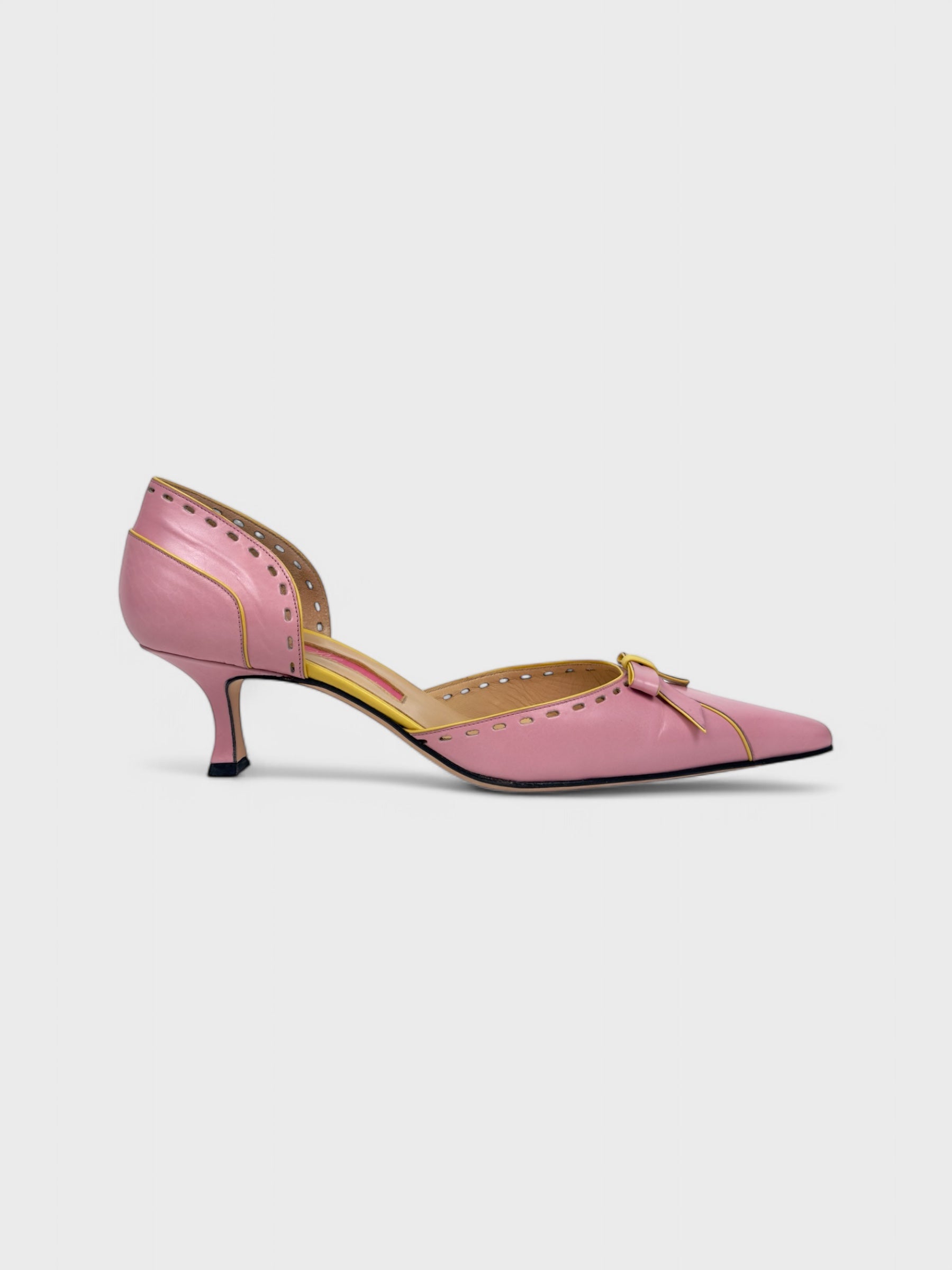 Blumarine mid-2000s pink and yellow leather kitten heel pumps.