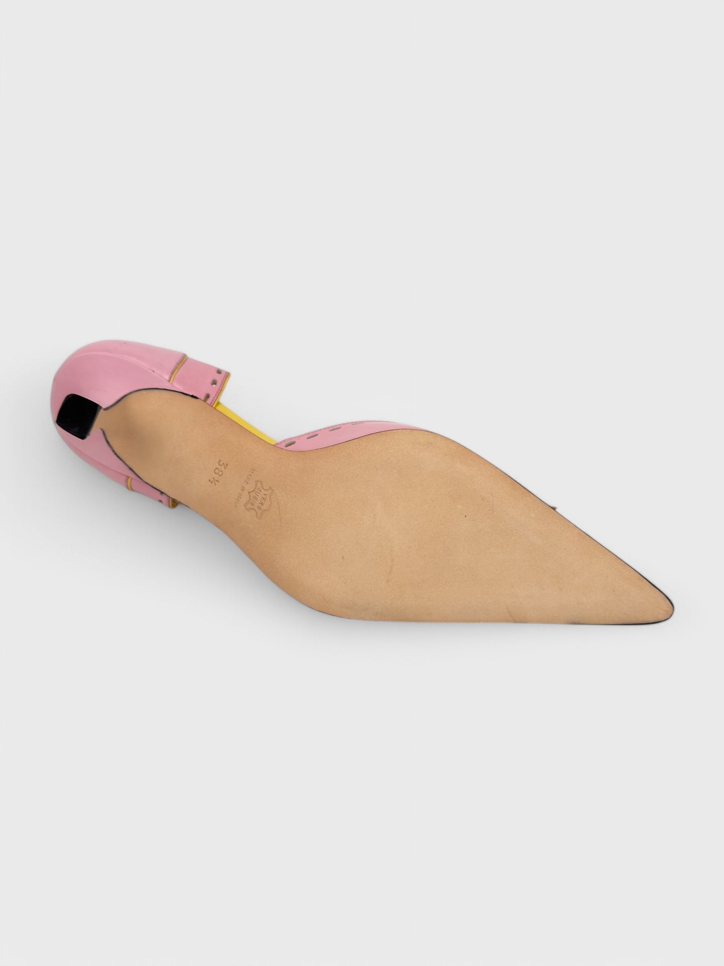 Blumarine mid-2000s pink and yellow leather kitten heel pumps.
