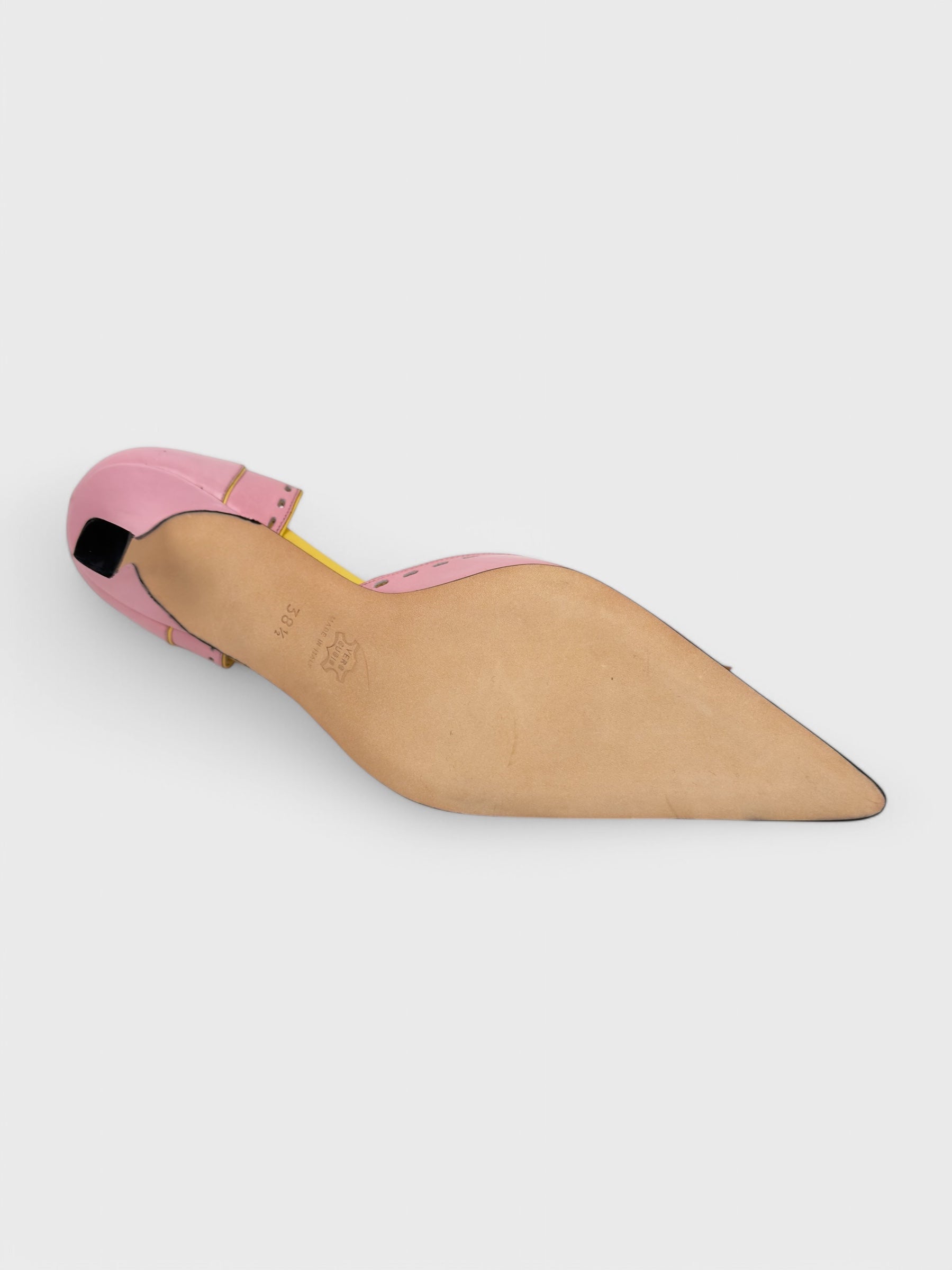 Blumarine mid-2000s pink and yellow leather kitten heel pumps.