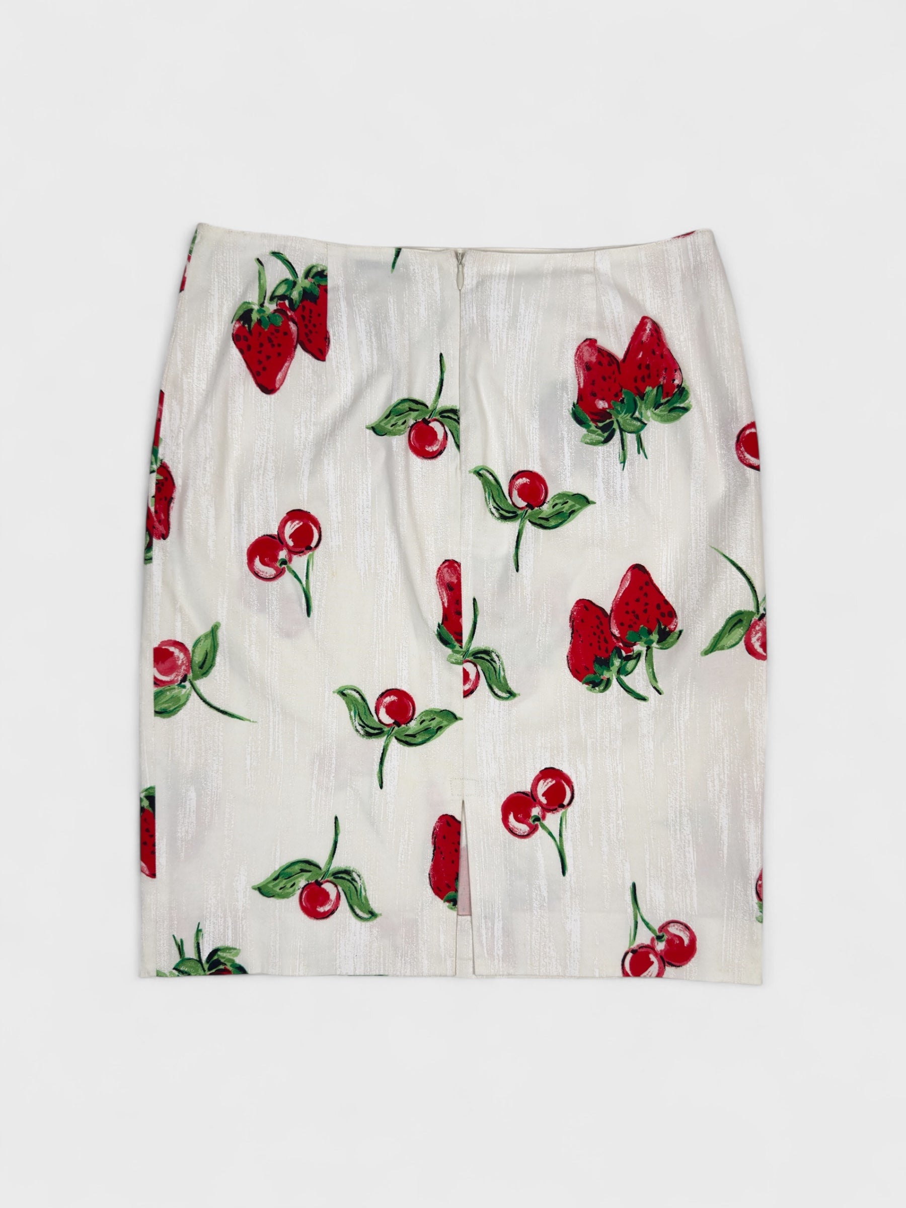 Blumarine early 2000s strawberry and cherry print skirt with sequin embellishment.