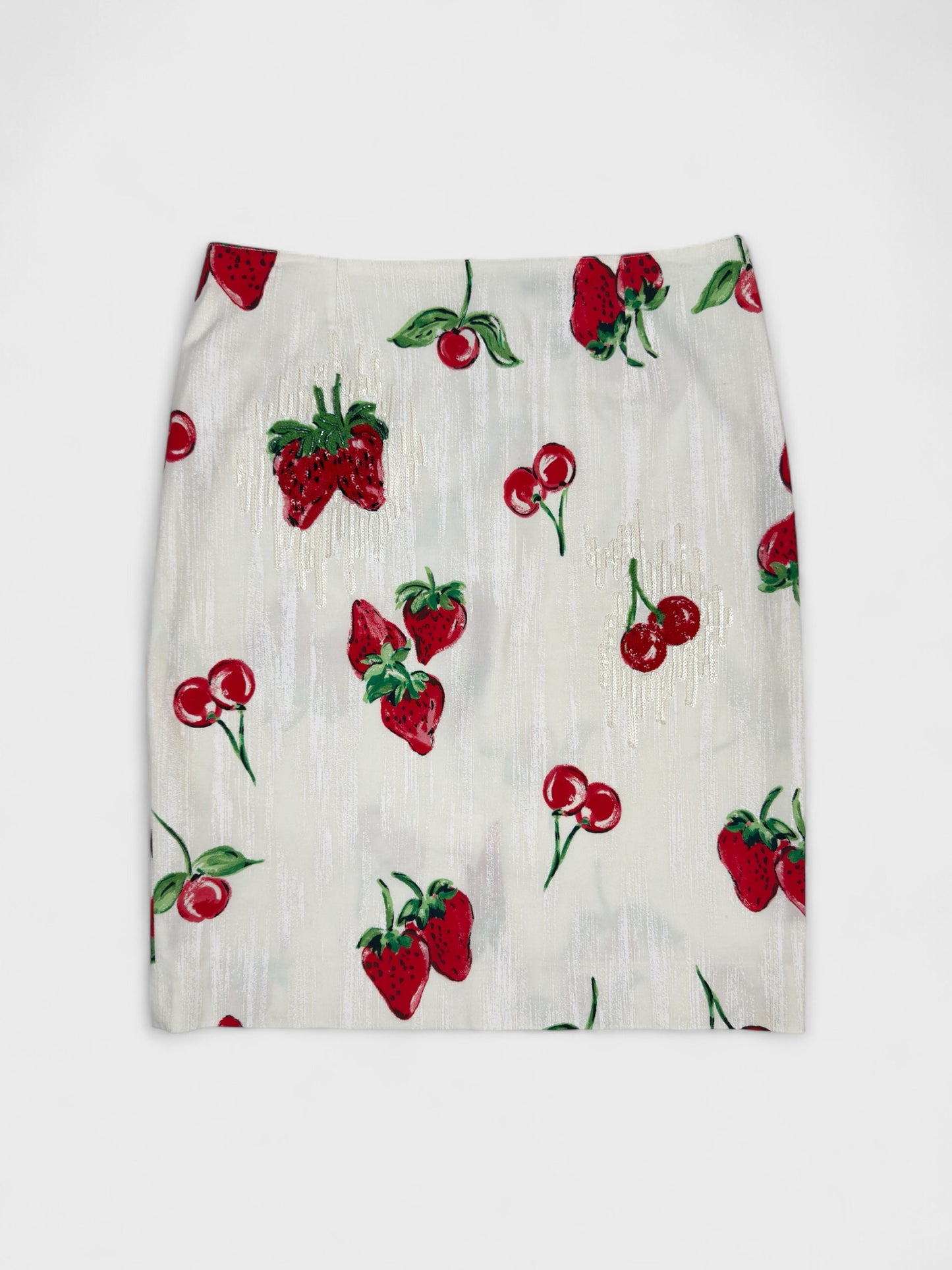 Blumarine early 2000s strawberry and cherry print skirt with sequin embellishment.