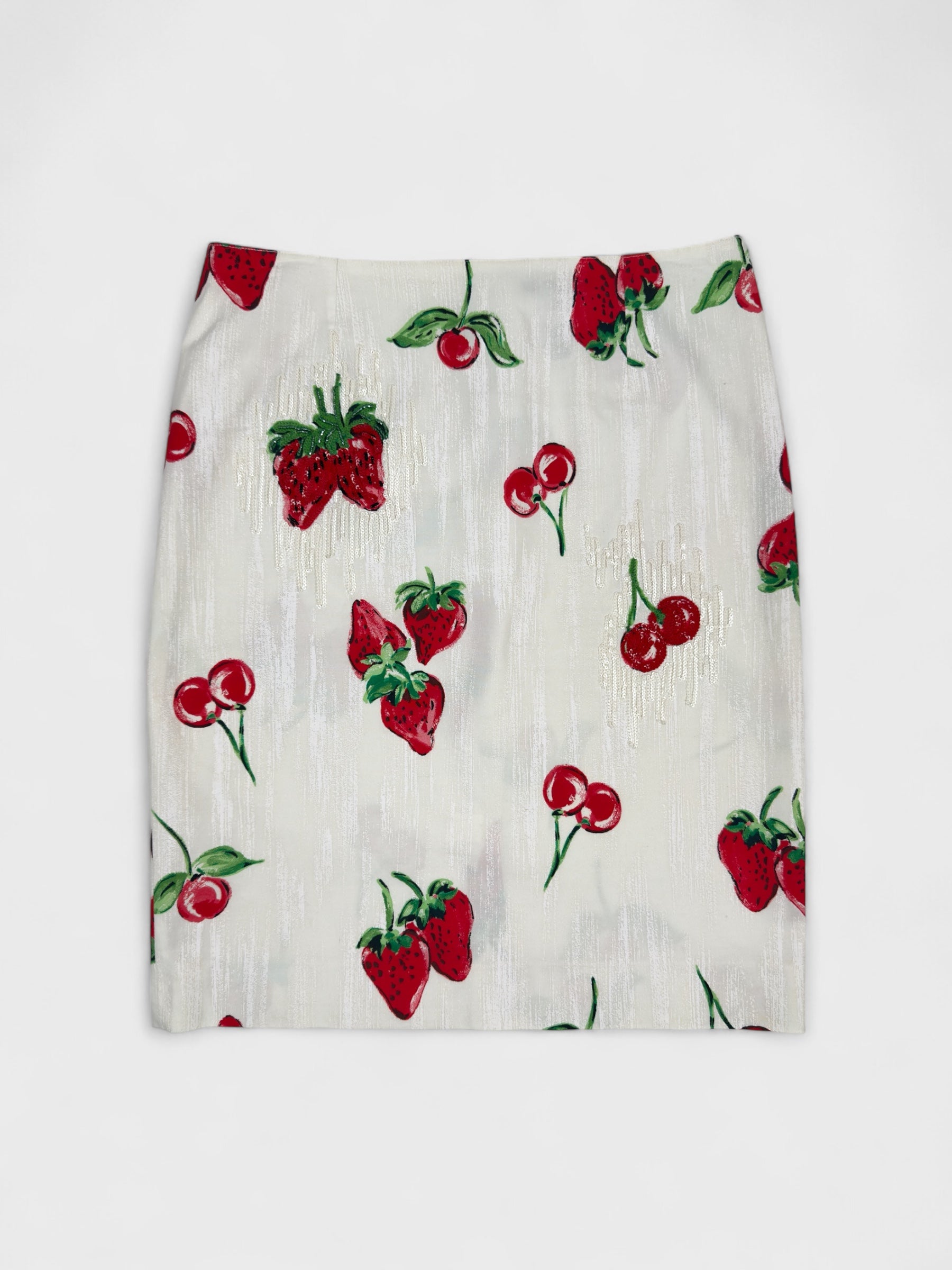 Blumarine early 2000s strawberry and cherry print skirt with sequin embellishment.