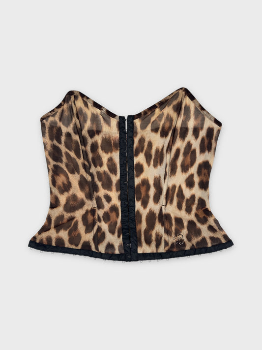 Blumarine Beachwear SS 2003 leopard-print mesh corset with hook closure.