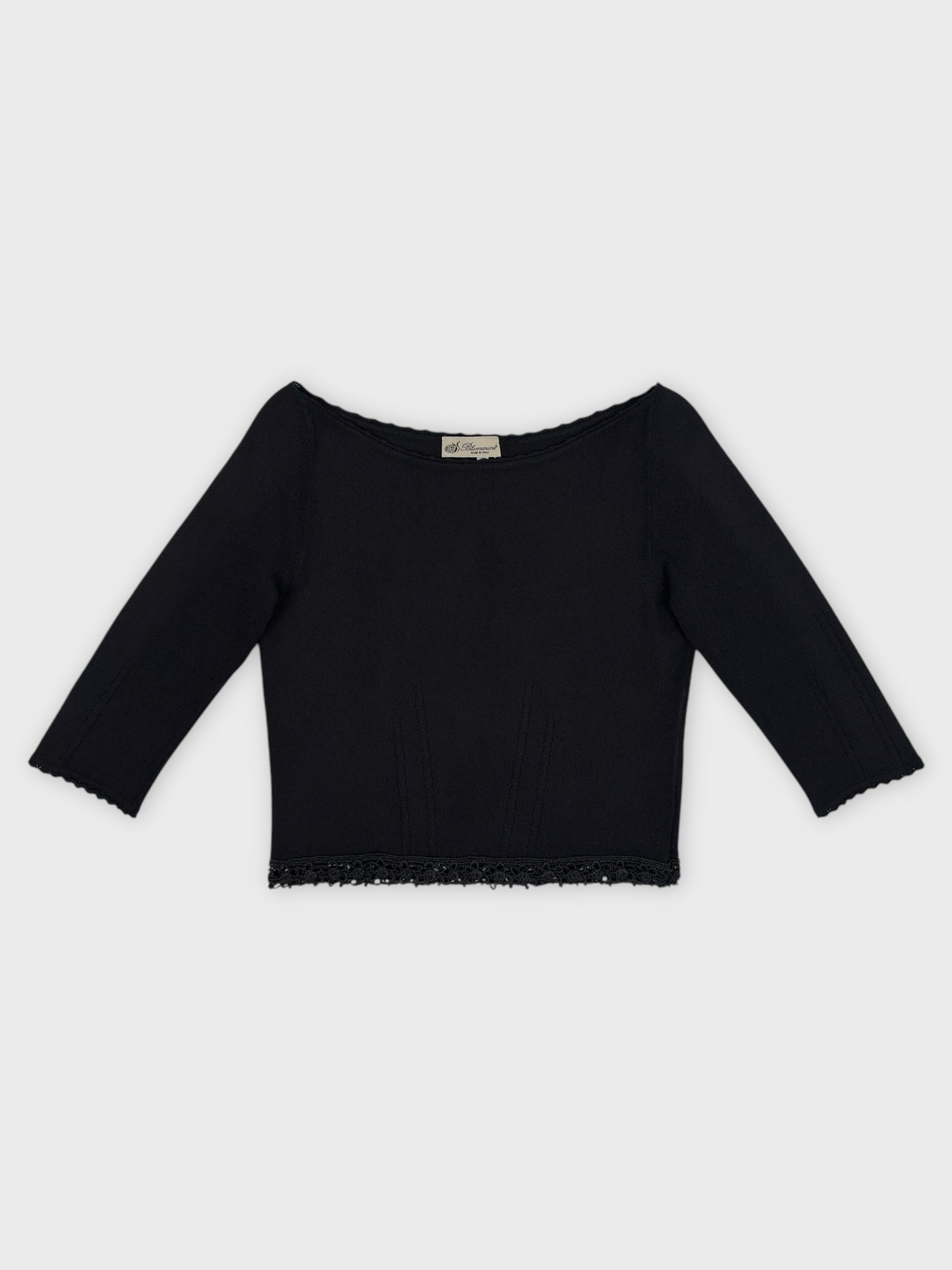 Blumarine early 2000s black knit top with crochet trim on the sleeves.