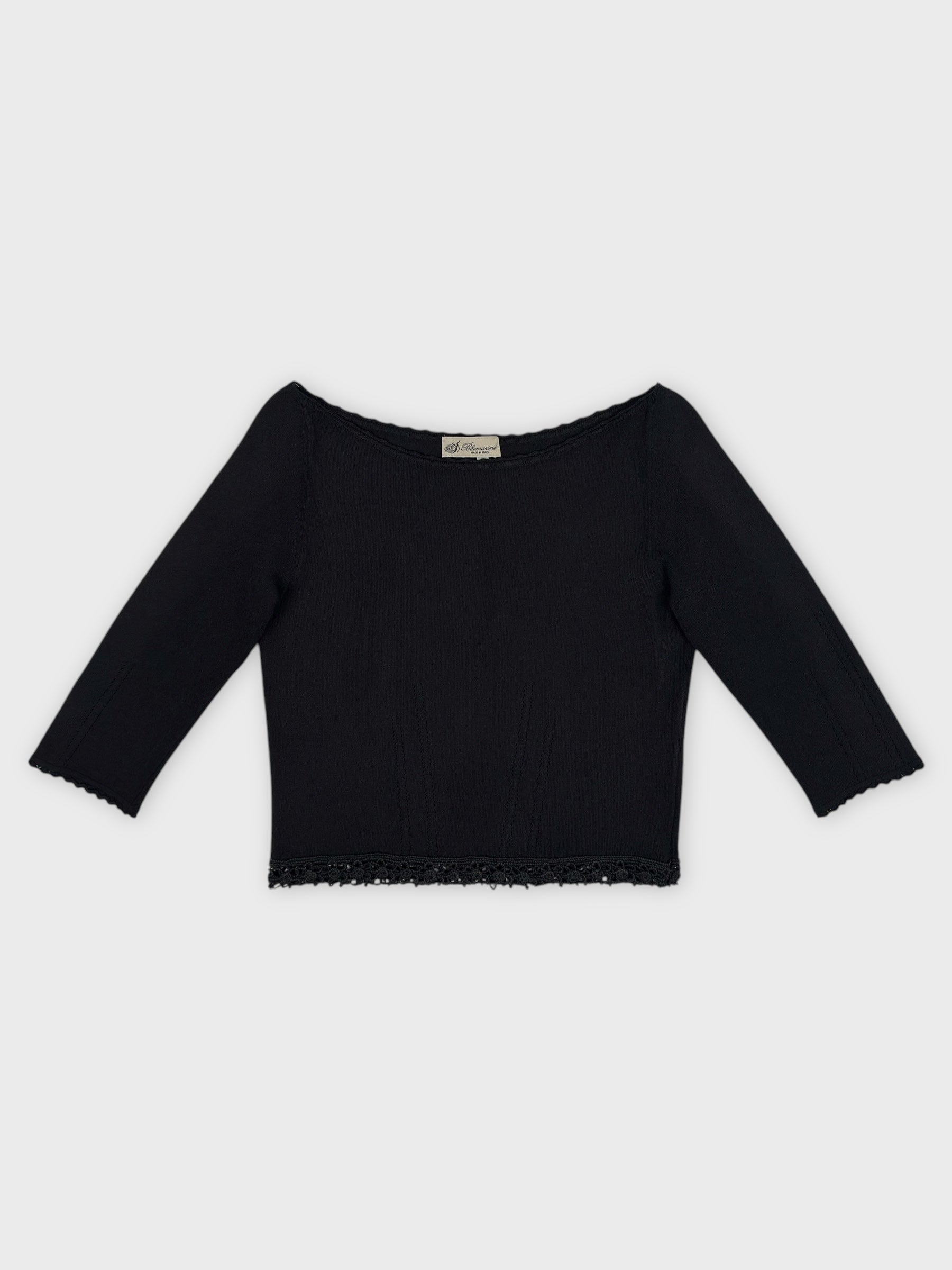 Blumarine early 2000s black knit top with crochet trim on the sleeves.